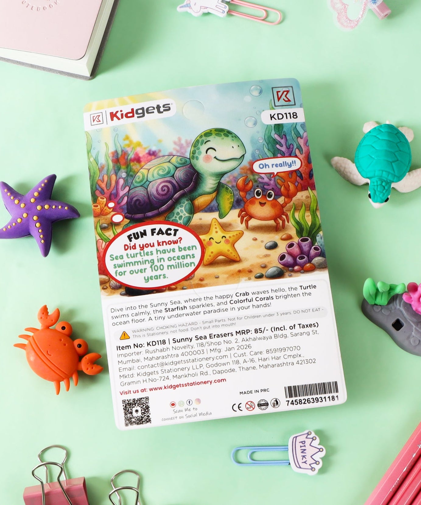 Kidgets KD118 Sunny Sea 3D Eraser Set | 4-Piece Underwater Animal Stationery Kit | Fun Collectible Puzzle Erasers for Kids