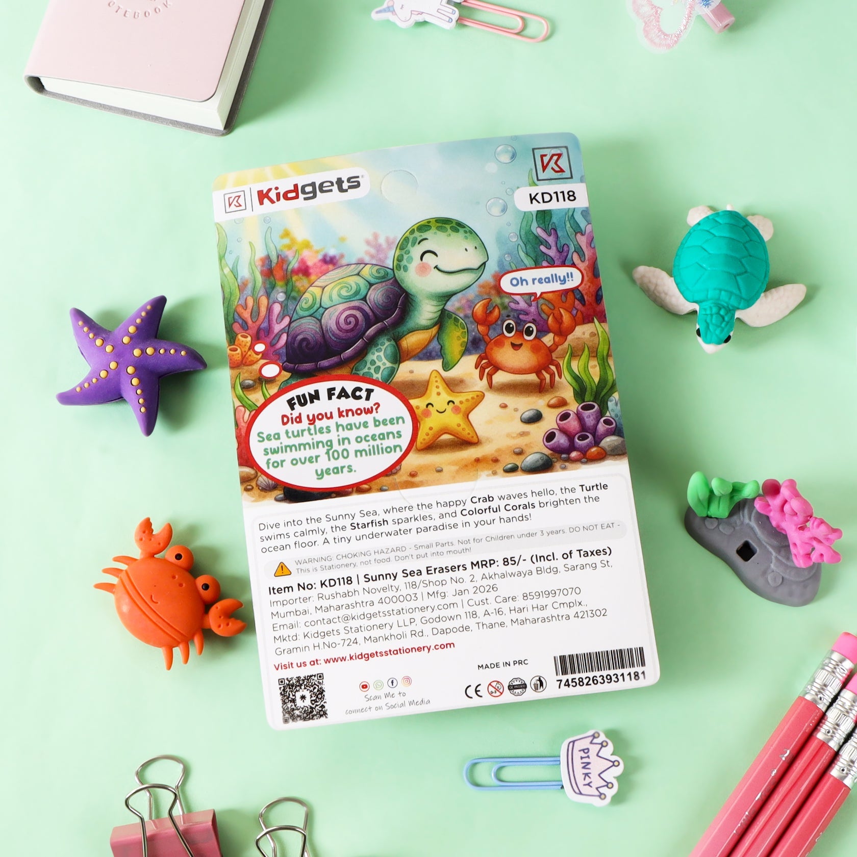 Kidgets KD118 Sunny Sea 3D Eraser Set | 4-Piece Underwater Animal Stationery Kit | Fun Collectible Puzzle Erasers for Kids