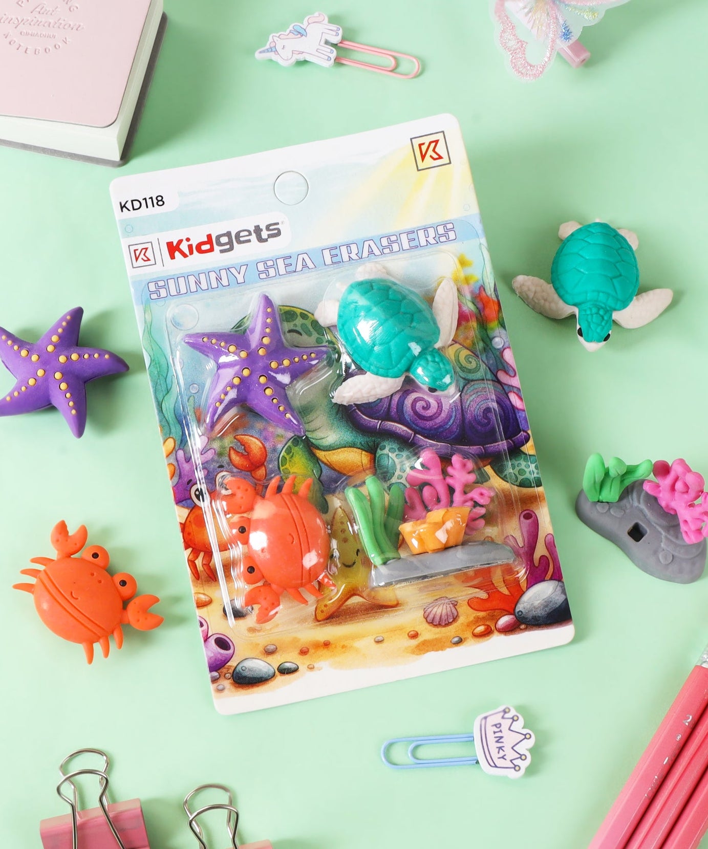 Kidgets KD118 Sunny Sea 3D Eraser Set | 4-Piece Underwater Animal Stationery Kit | Fun Collectible Puzzle Erasers for Kids