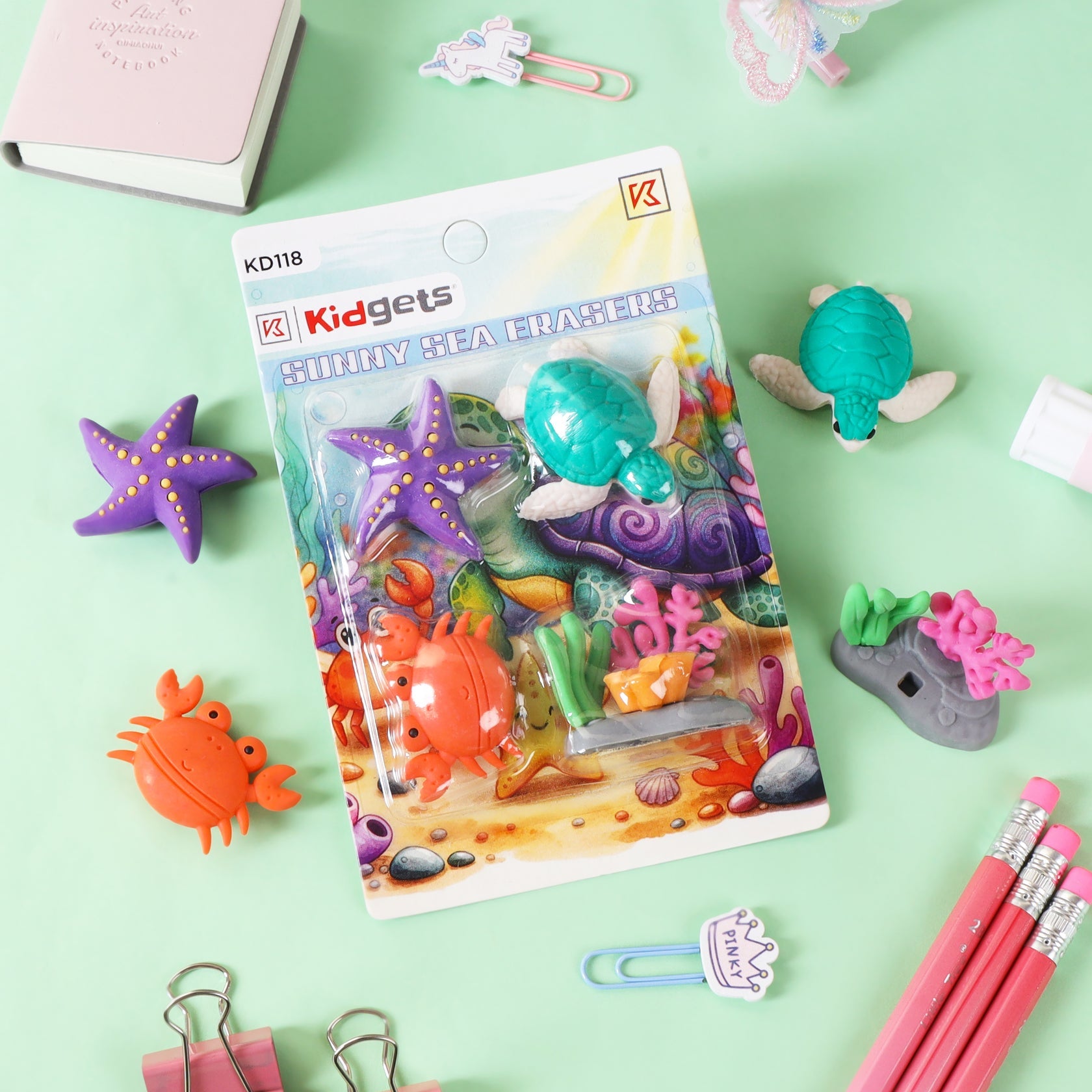 Kidgets KD118 Sunny Sea 3D Eraser Set | 4-Piece Underwater Animal Stationery Kit | Fun Collectible Puzzle Erasers for Kids