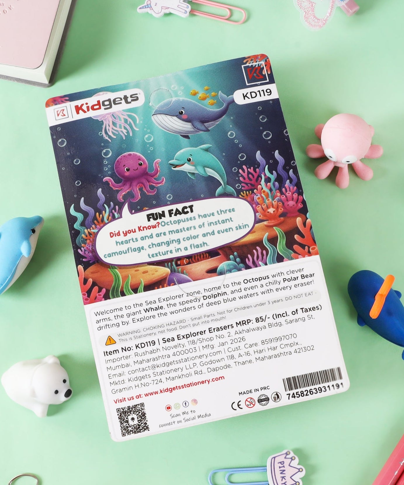Kidgets KD119 Sea Explorer 3D Eraser Set | 4-Piece Whale, Dolphin & Octopus Stationery Kit | Fun Collectible Puzzle Erasers for Kids