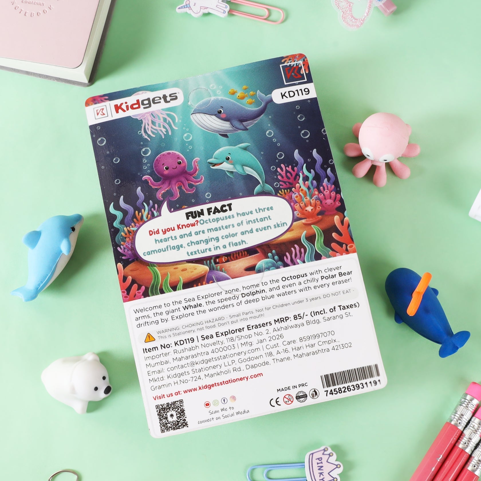 Kidgets KD119 Sea Explorer 3D Eraser Set | 4-Piece Whale, Dolphin & Octopus Stationery Kit | Fun Collectible Puzzle Erasers for Kids
