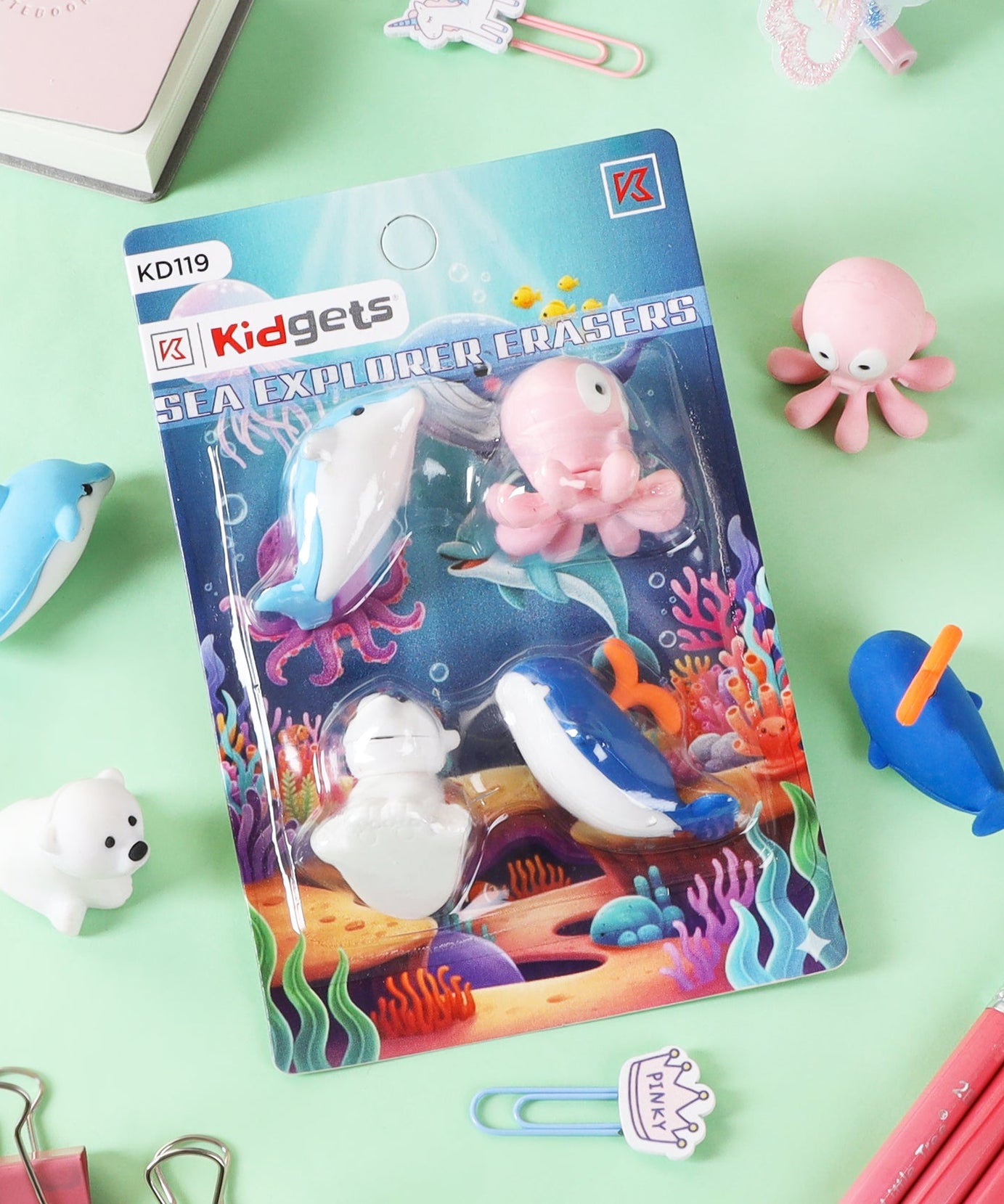 Kidgets KD119 Sea Explorer 3D Eraser Set | 4-Piece Whale, Dolphin & Octopus Stationery Kit | Fun Collectible Puzzle Erasers for Kids