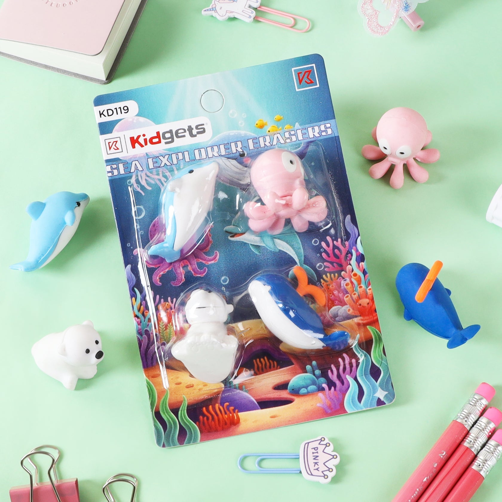 Kidgets KD119 Sea Explorer 3D Eraser Set | 4-Piece Whale, Dolphin & Octopus Stationery Kit | Fun Collectible Puzzle Erasers for Kids