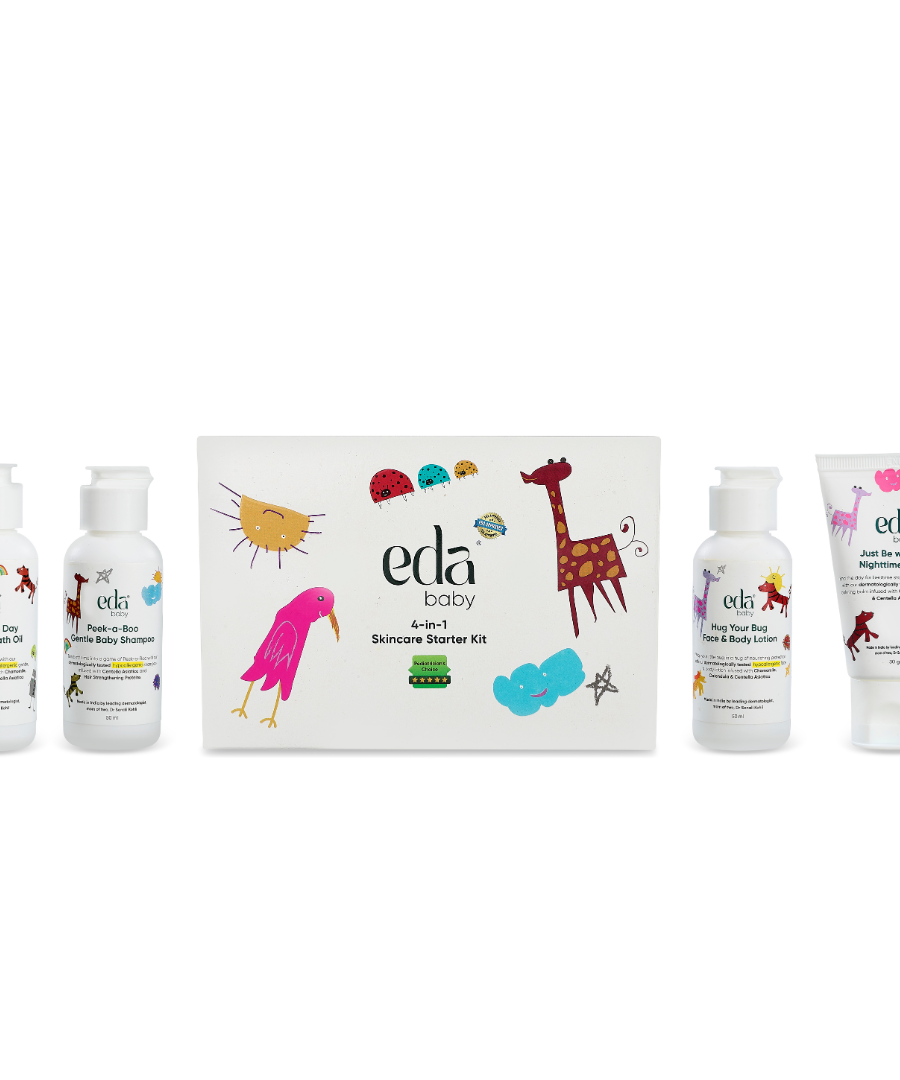 eda baby 4-in-1 Skincare Starter Kit | Gentle Baby Bath & Body Essentials for Soft, Nourished Skin | Trial Pack With Bath Oil, Shampoo, Lotion & Night Balm | Centella, Chamomile & Calendula Enriched