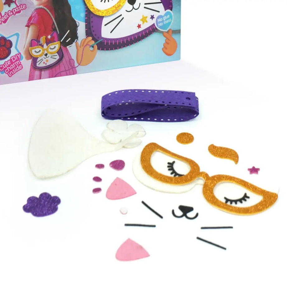 Bloomingo DIY Kitty Sling Bag Kit for Kids – 34-Piece Craft Set with Felt Stickers, Plastic Needle & Yarn – Fun Sewing & Decorating Activity for Creative Play | Ages 4+
