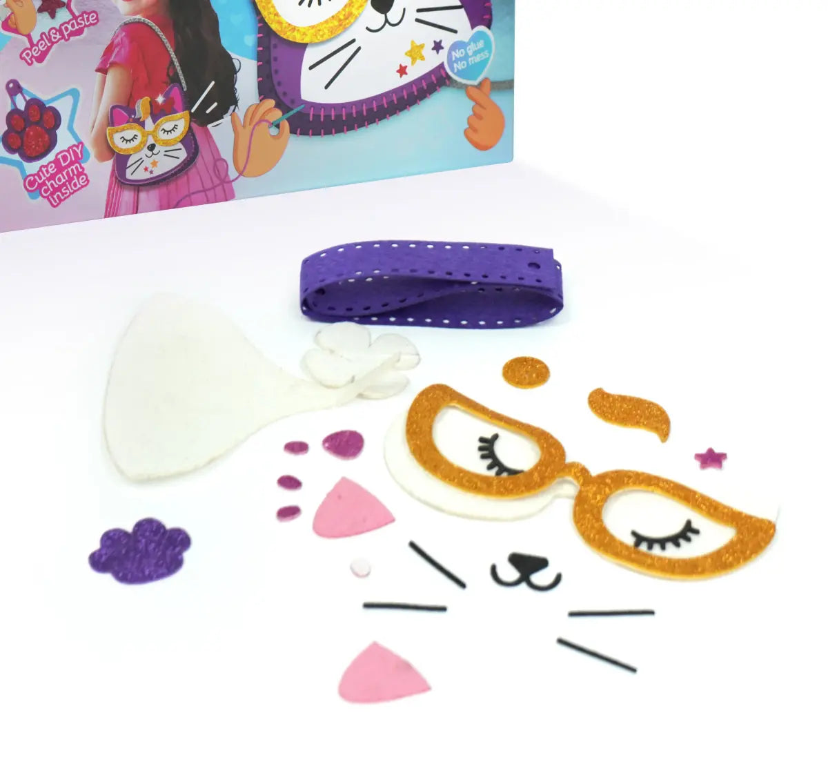 Bloomingo DIY Kitty Sling Bag Kit for Kids – 34-Piece Craft Set with Felt Stickers, Plastic Needle & Yarn – Fun Sewing & Decorating Activity for Creative Play | Ages 4+