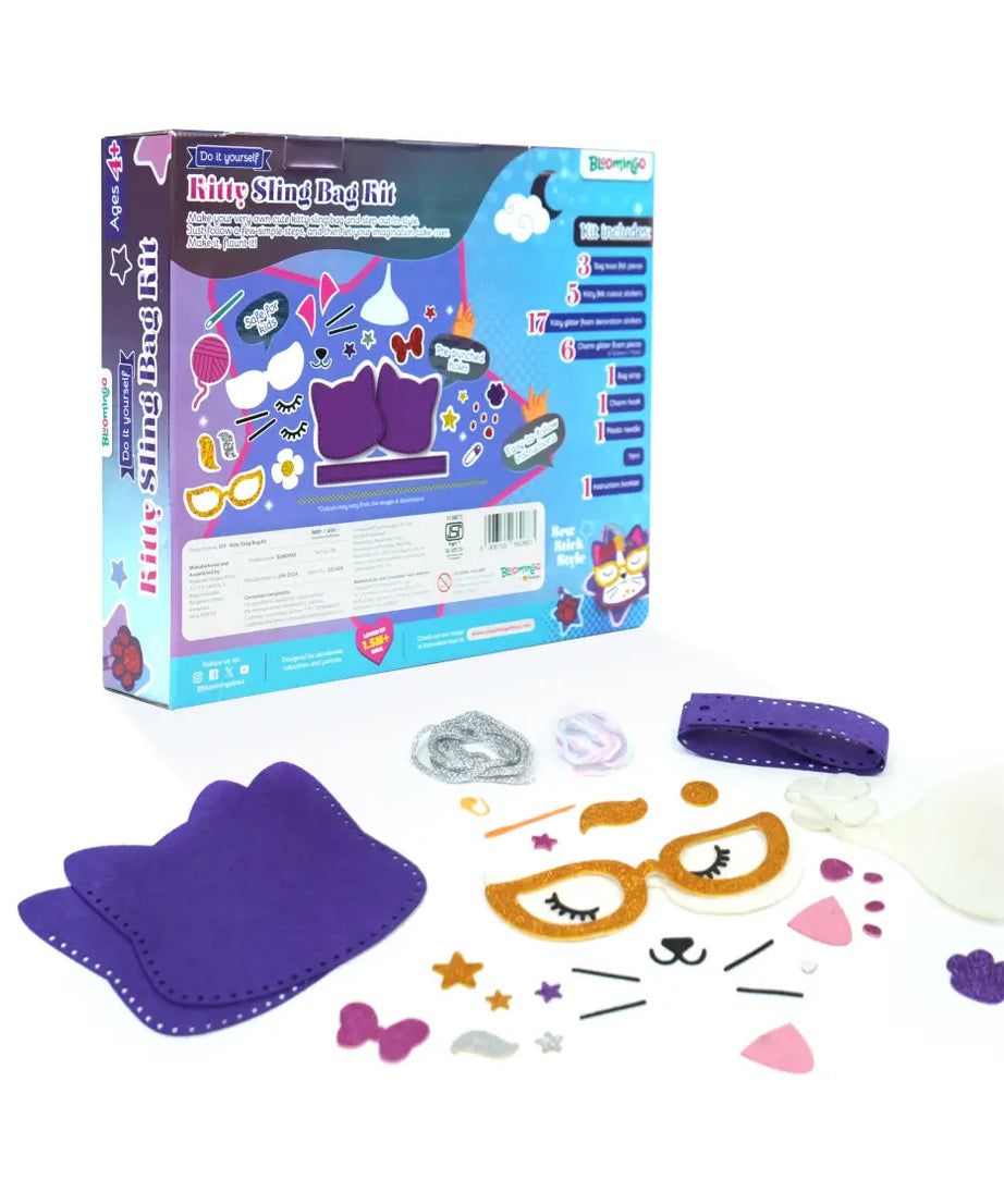 Bloomingo DIY Kitty Sling Bag Kit for Kids – 34-Piece Craft Set with Felt Stickers, Plastic Needle & Yarn – Fun Sewing & Decorating Activity for Creative Play | Ages 4+