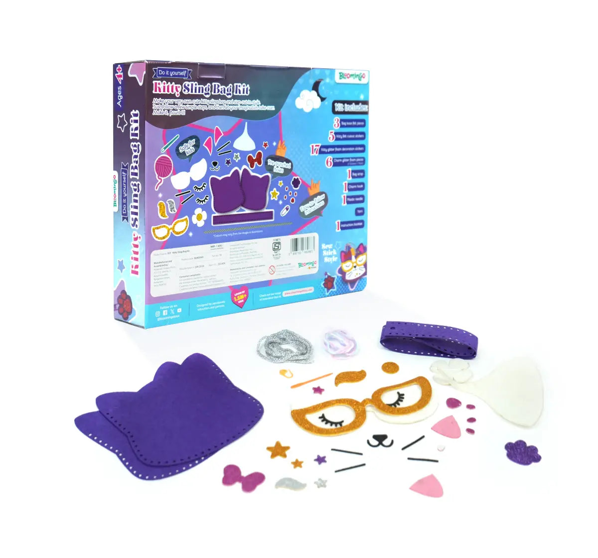 Bloomingo DIY Kitty Sling Bag Kit for Kids – 34-Piece Craft Set with Felt Stickers, Plastic Needle & Yarn – Fun Sewing & Decorating Activity for Creative Play | Ages 4+