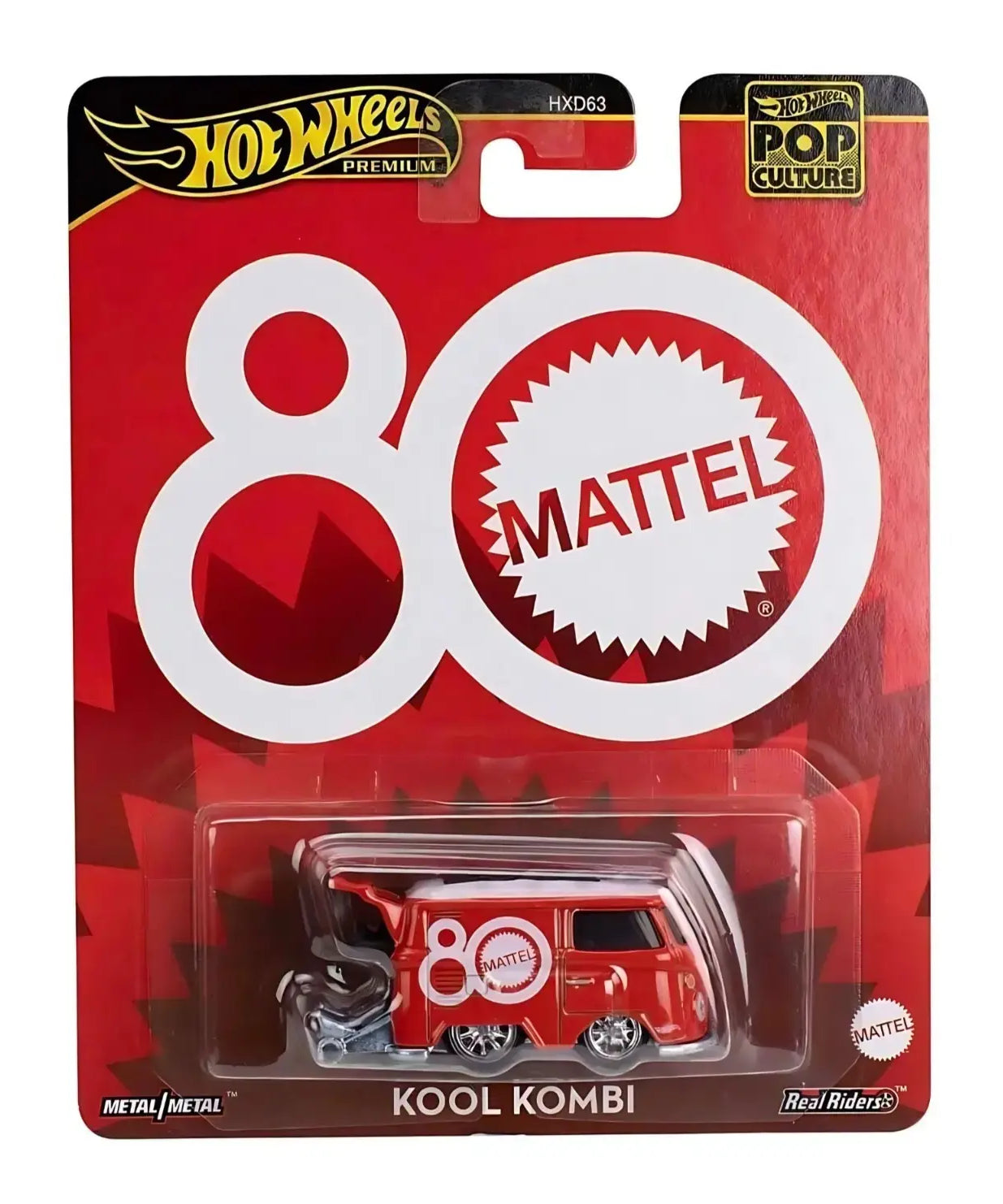 Hot Wheels Kool Kombi Die-Cast Car - HW Pop Culture Series 1:64 Scale | Limited Edition Mattel 80th Anniversary | Ruby-Red VW Type 2 with Real Riders & Surfboards