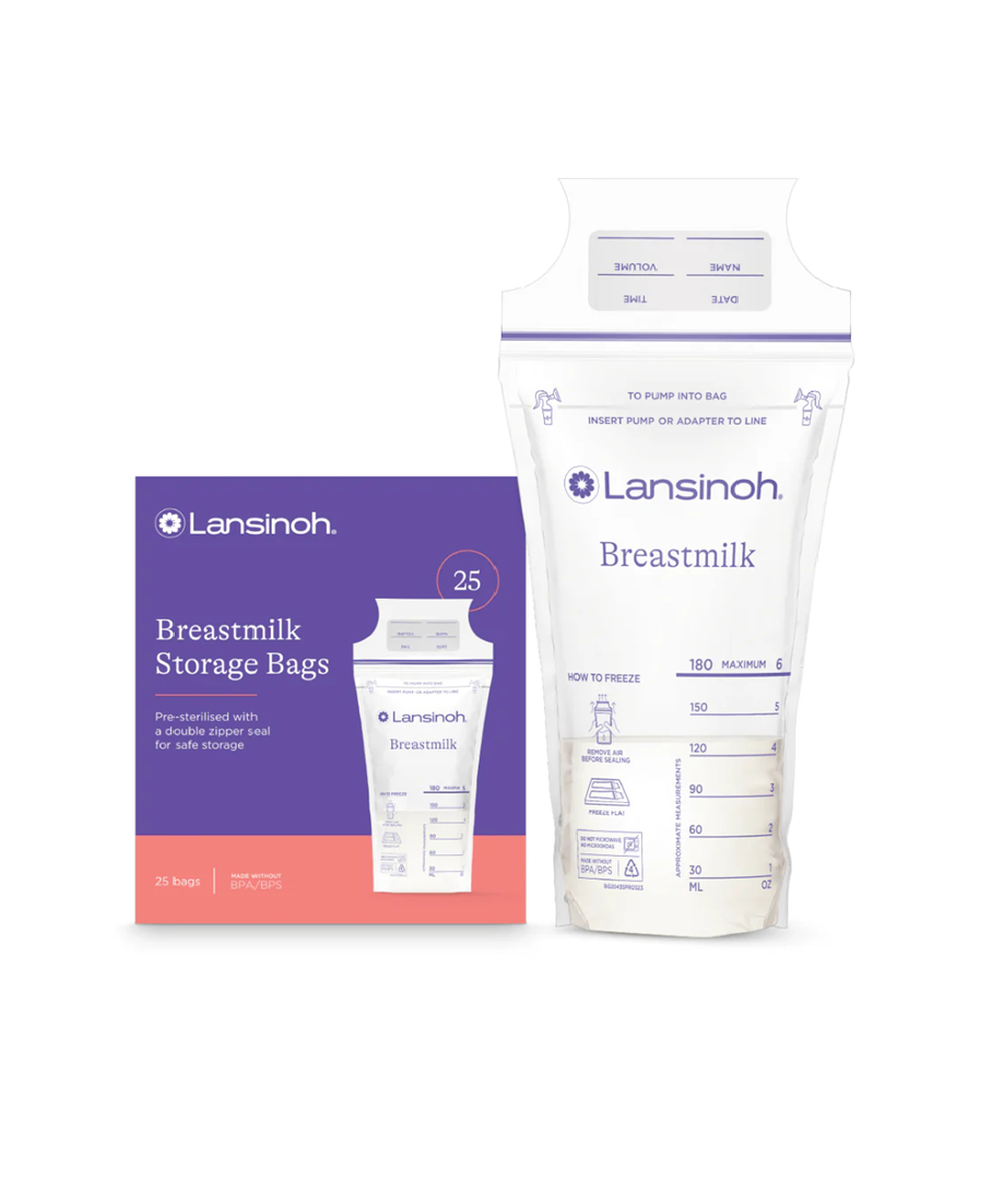 Lansinoh breastmilk storage bags packaging on a white background