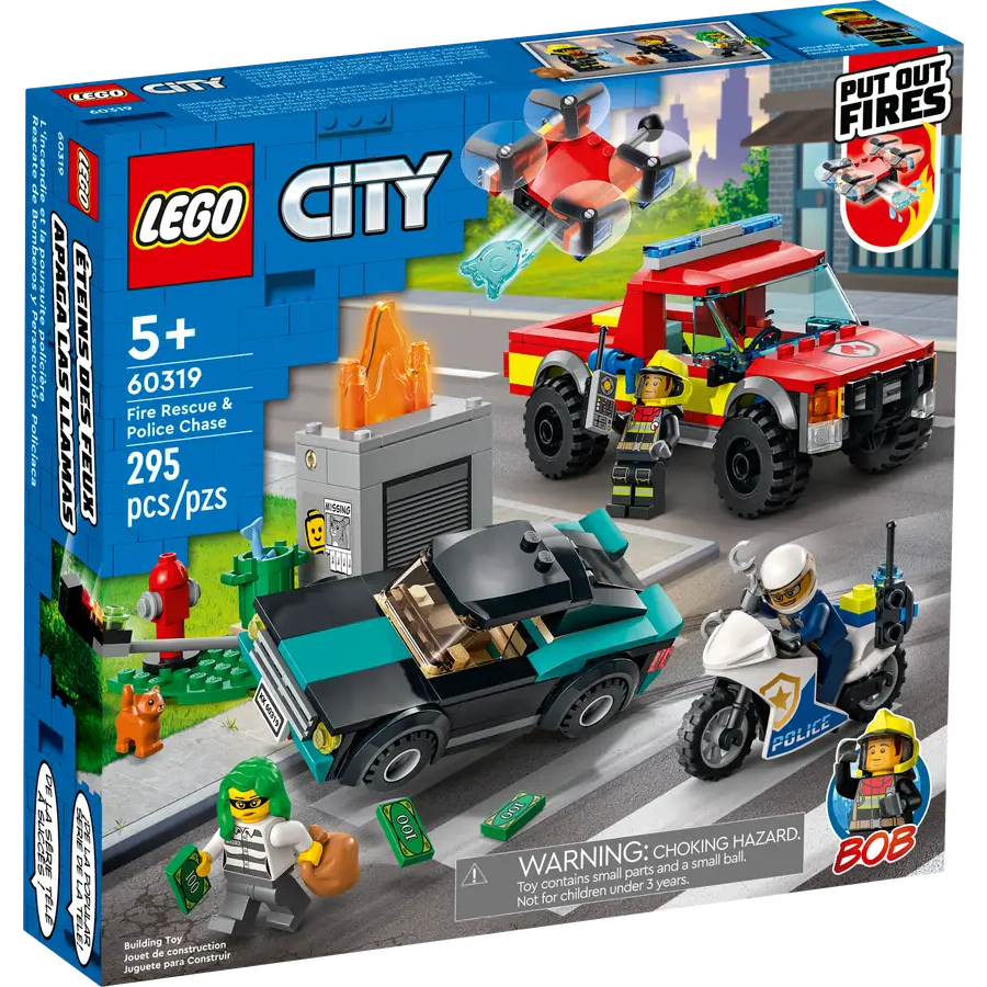 LEGO City 60319 Fire Rescue & Police Chase Building Set – 295 Pieces with 3 Minifigures, Helicopter, Fire Truck, and Police Motorcycle – For Kids 5+ Years