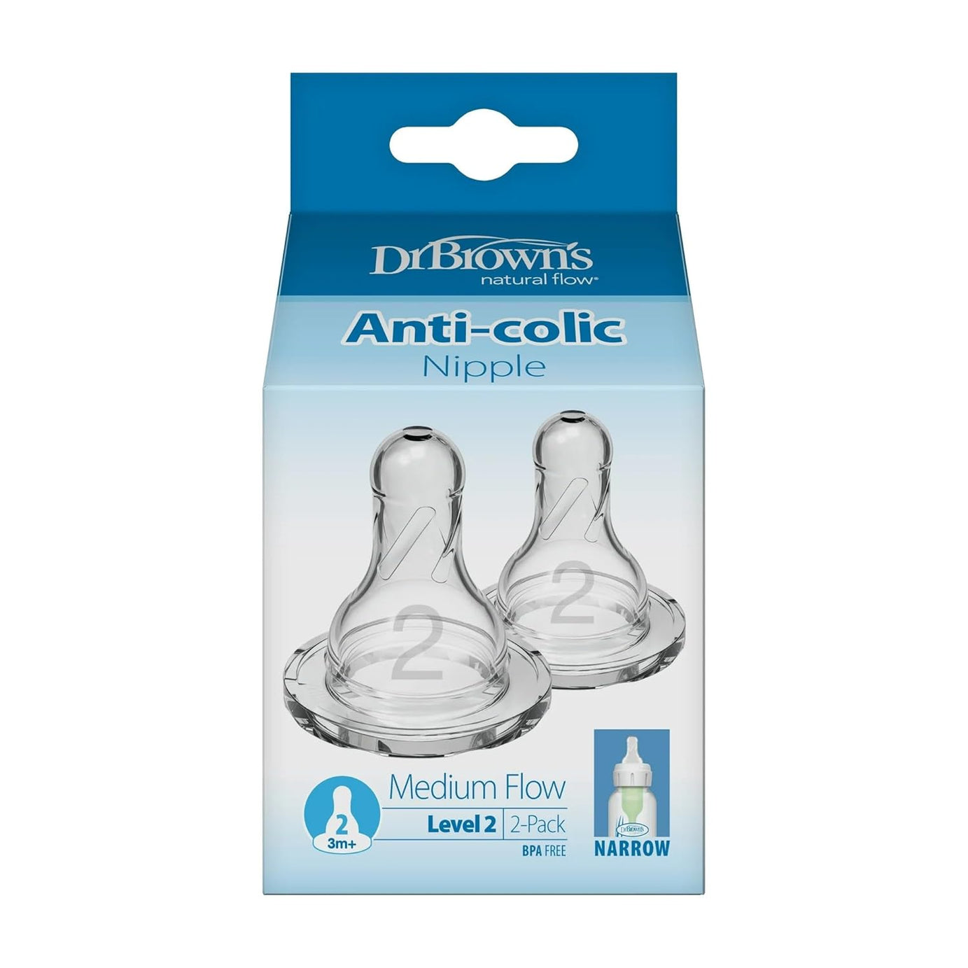 Dr. Brown's Natural Flow Anti-Colic Teat - Medium Flow | Level 2 | 2 Pack | Narrow | 3m+