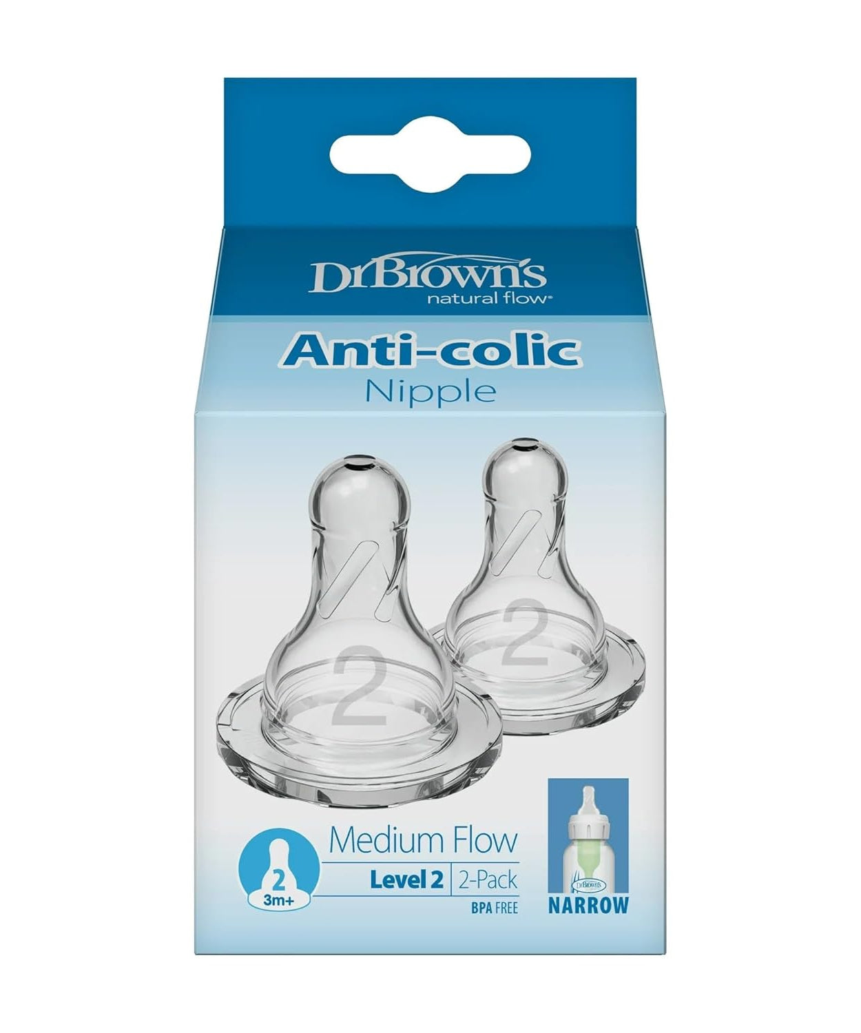 Dr. Brown's Natural Flow Anti-Colic Teat - Medium Flow | Level 2 | 2 Pack | Narrow | 3m+