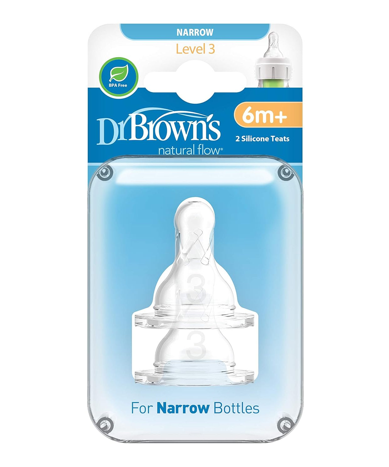 Dr. Brown's Natural Flow Level 3 Silicone Teats for Babies 6 Months and Above | Medium Flow Anti-Colic Teats for Narrow Bottles | BPA-Free, Safe, and Comfortable | Pack of 2