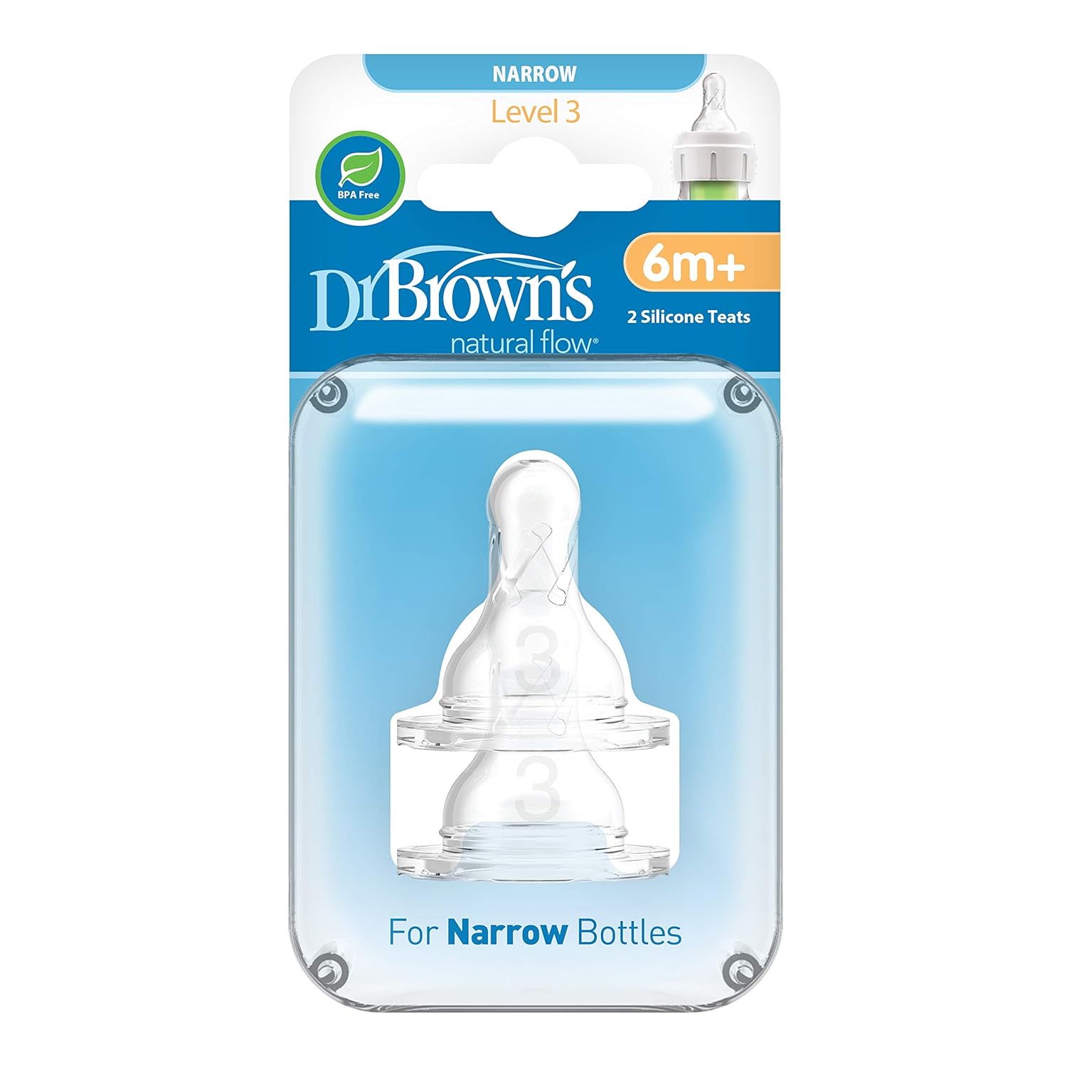 Dr. Brown's Natural Flow Level 3 Silicone Teats for Babies 6 Months and Above | Medium Flow Anti-Colic Teats for Narrow Bottles | BPA-Free, Safe, and Comfortable | Pack of 2