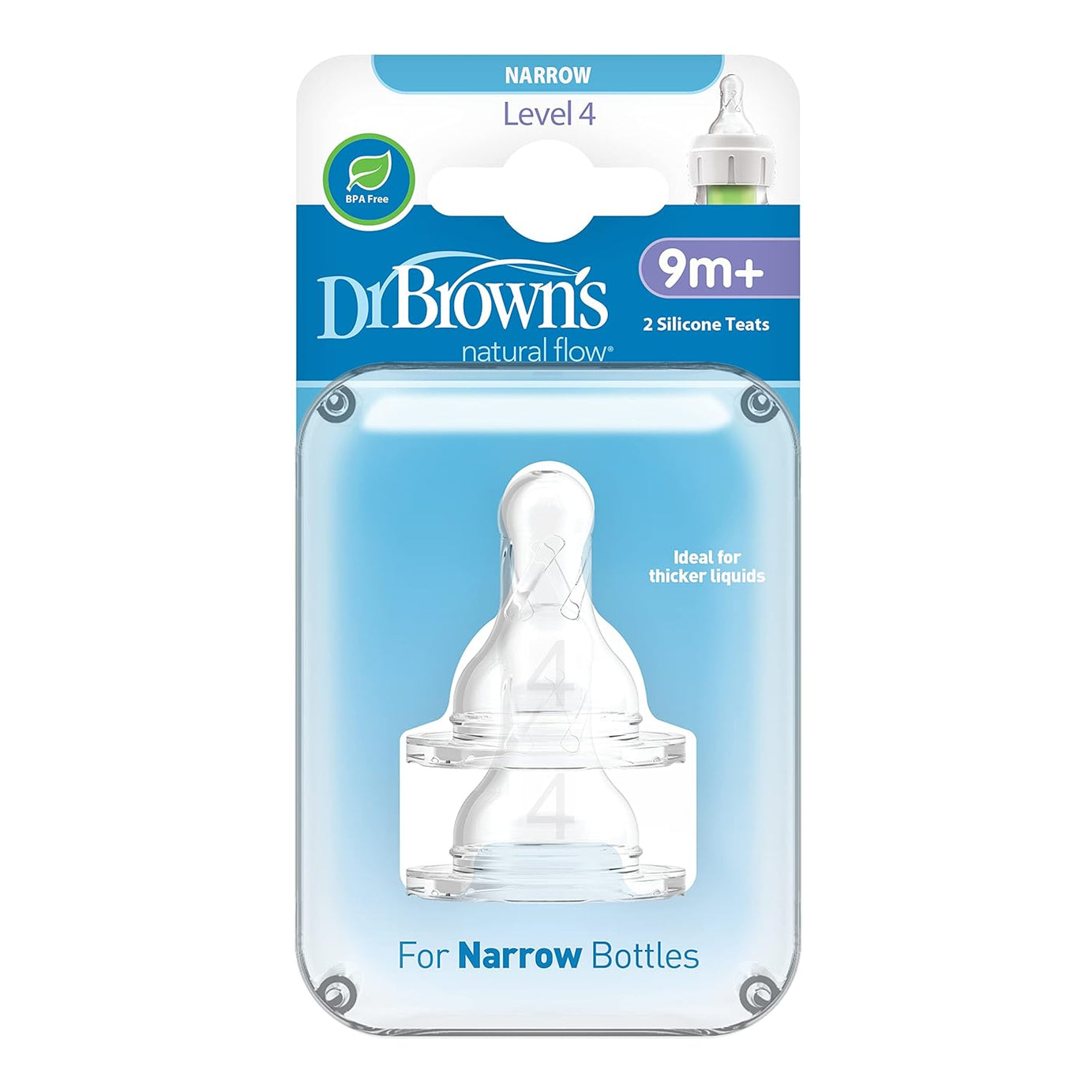 Dr Brown's Natural Flow Level 4 Silicone Nipple for Narrow bottles | Pack of 2 Teats