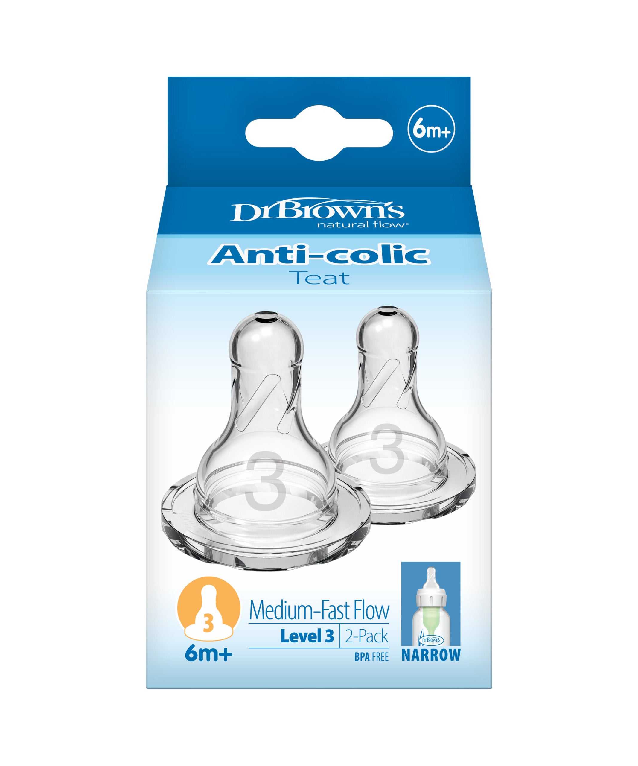 Dr. Brown's Anti-Colic Narrow Neck Teat for 6+ Months Level 3 - Medium Fast Flow | Pack of 2 Nipples