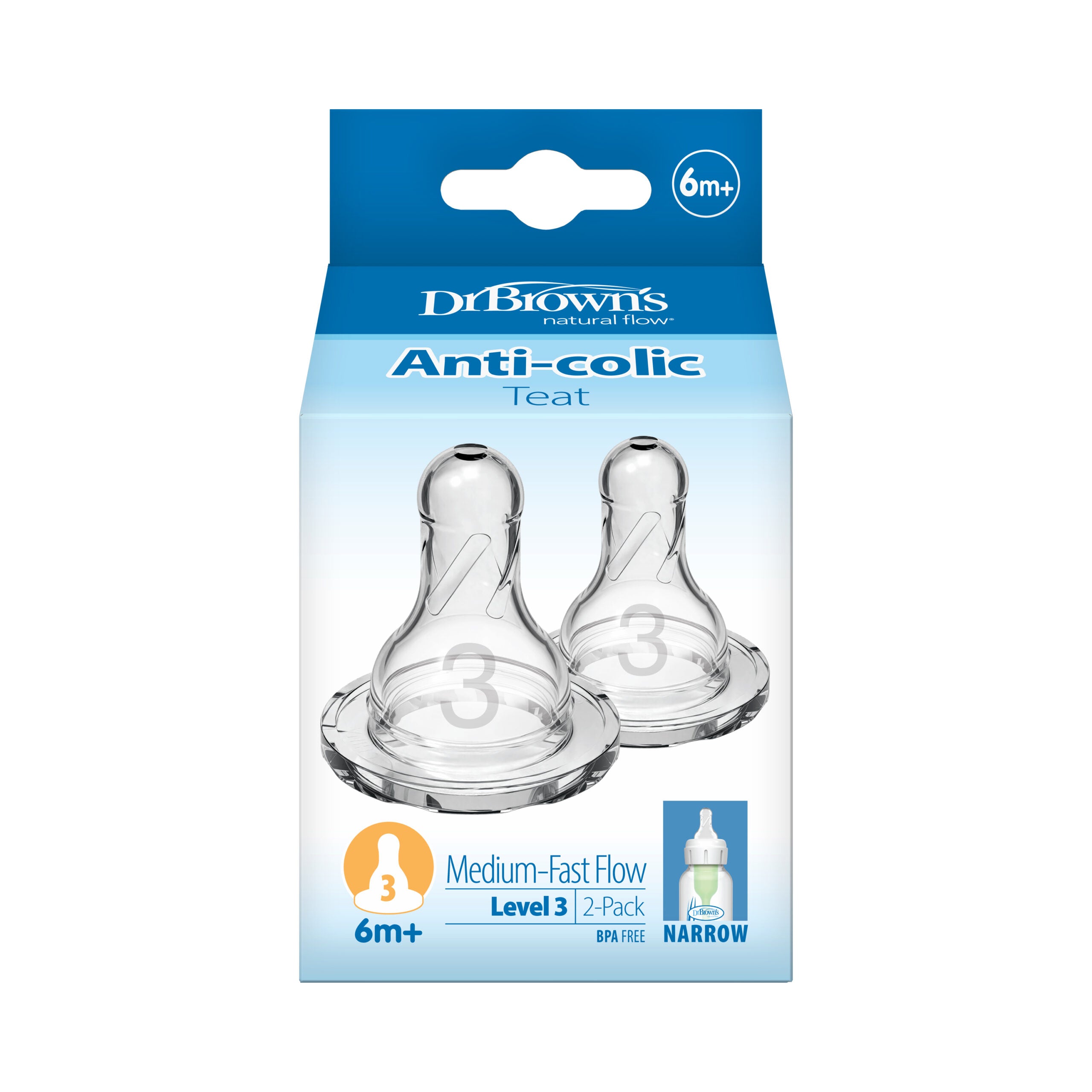 Dr. Brown's Anti-Colic Narrow Neck Teat for 6+ Months Level 3 - Medium Fast Flow | Pack of 2 Nipples