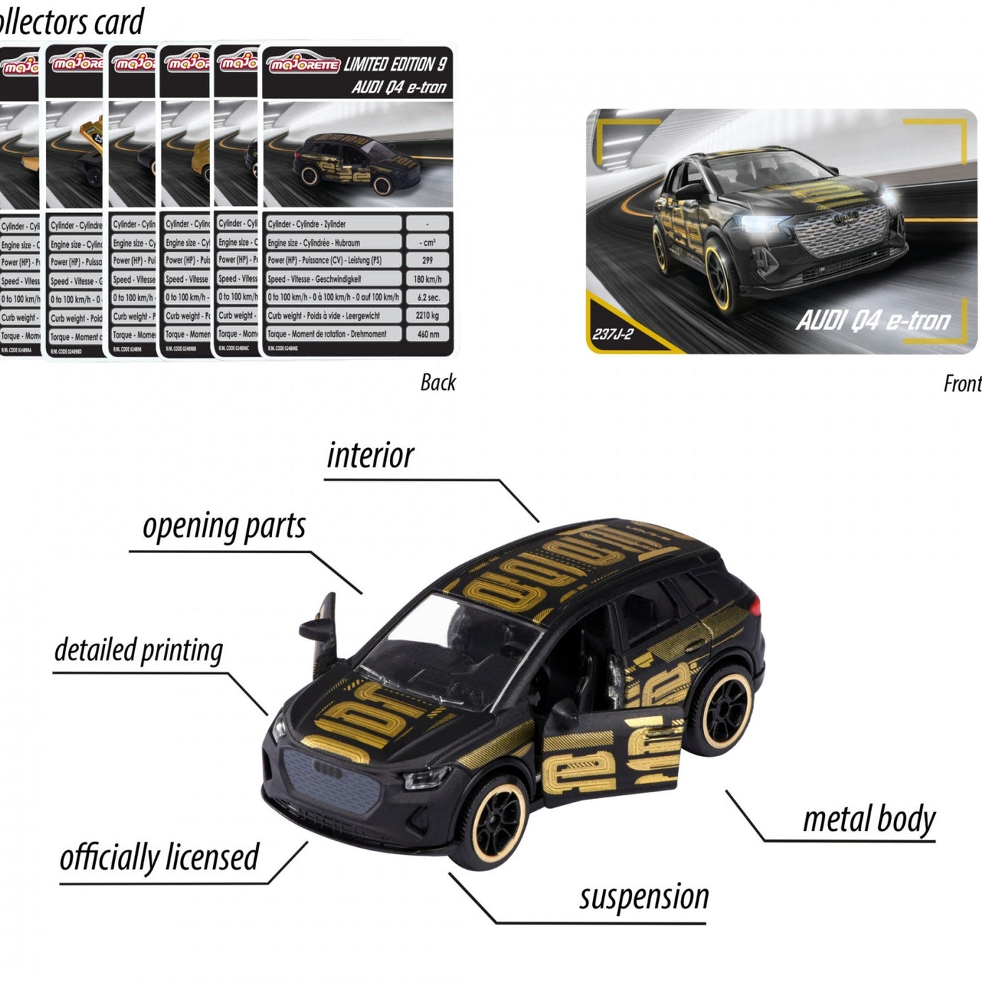 Majorette Limited Edition 9 Die-Cast Cars | 1:64 Scale Black & Gold Collector Series | Includes Audi Q4 e-tron, Porsche 917, Dodge Charger R/T & More | Pack of 1 | For Ages 3+