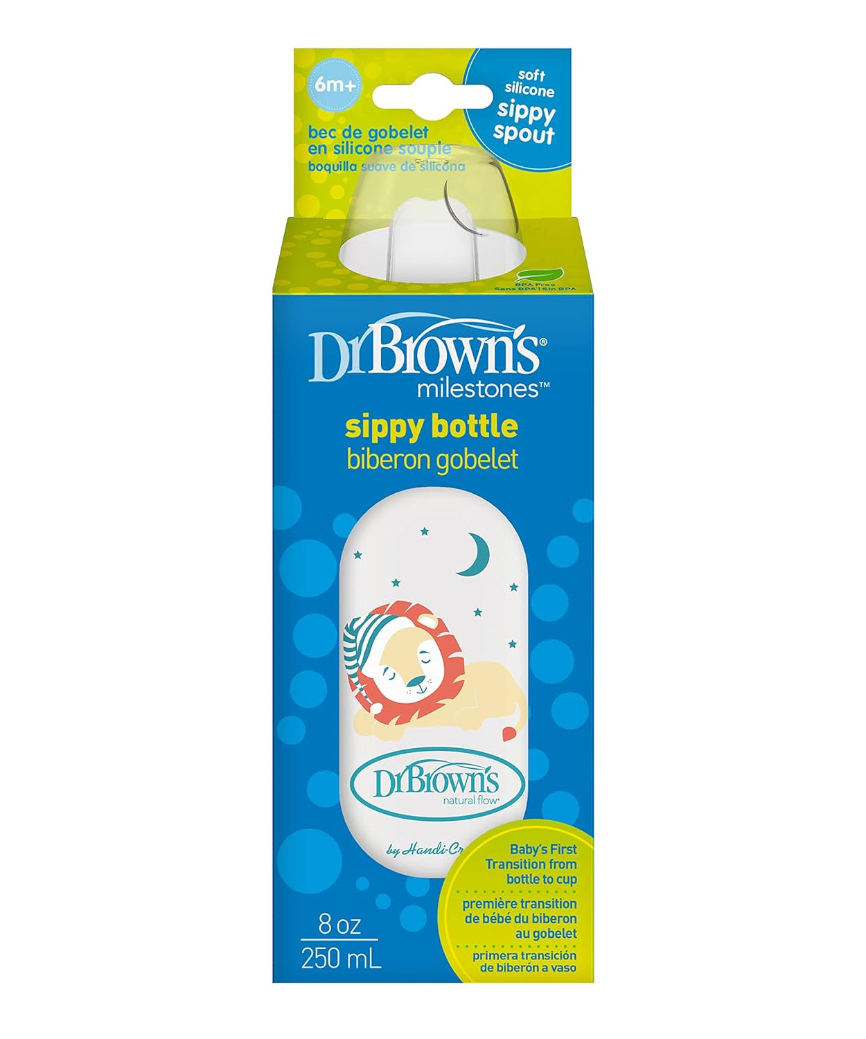 Dr. Brown's Milestones Narrow Sippy Bottle with Soft Silicone Spout - 250mL Lion Design - 6m+ - MINIMEE KIDS