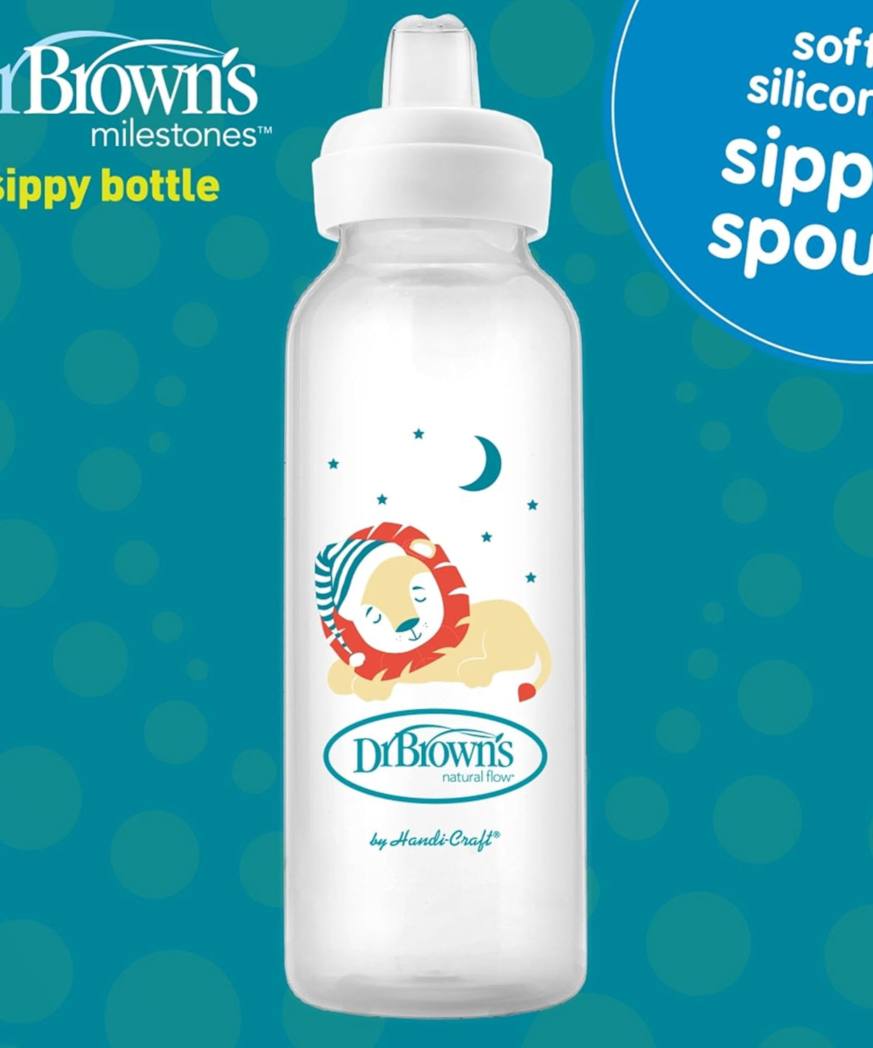 Dr. Brown's Milestones Narrow Sippy Bottle with Soft Silicone Spout - 250mL Lion Design - 6m+ - MINIMEE KIDS