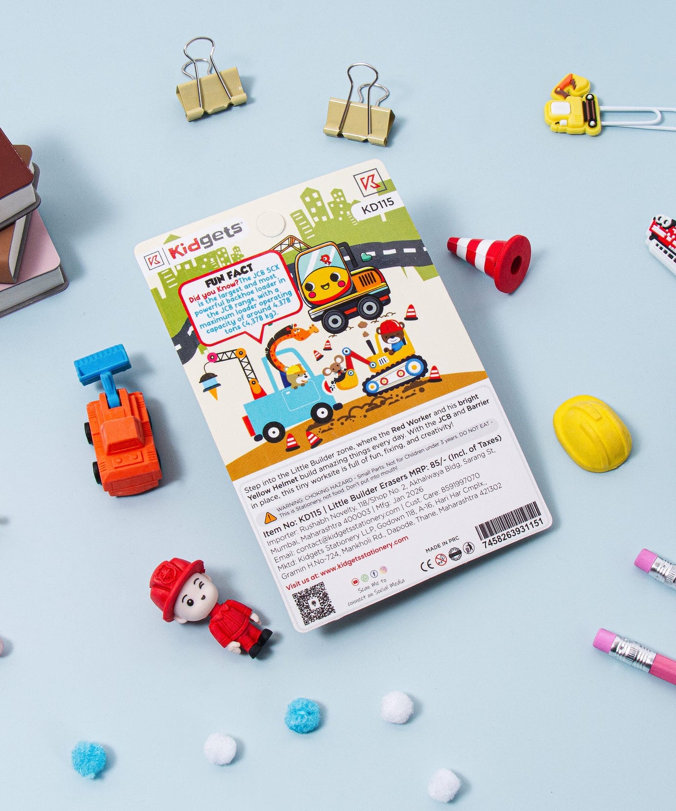 Kidgets KD115 Little Builder 3D Eraser Set for Kids | 4-Piece Construction Themed Stationery Kit | Fun Collectible Puzzle Erasers