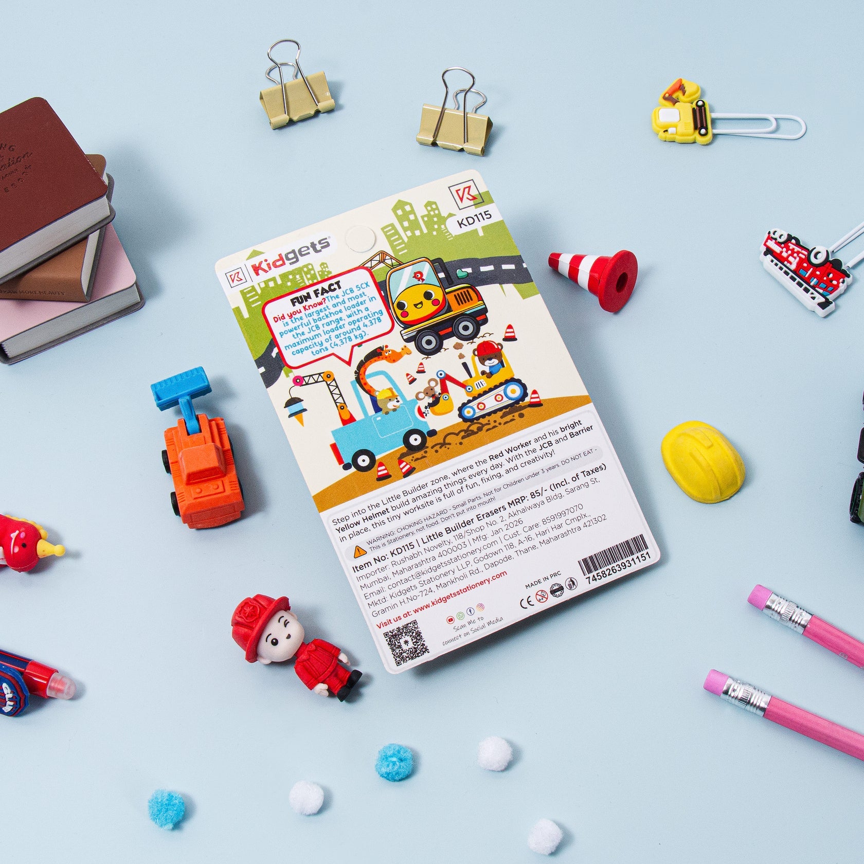Kidgets KD115 Little Builder 3D Eraser Set for Kids | 4-Piece Construction Themed Stationery Kit | Fun Collectible Puzzle Erasers