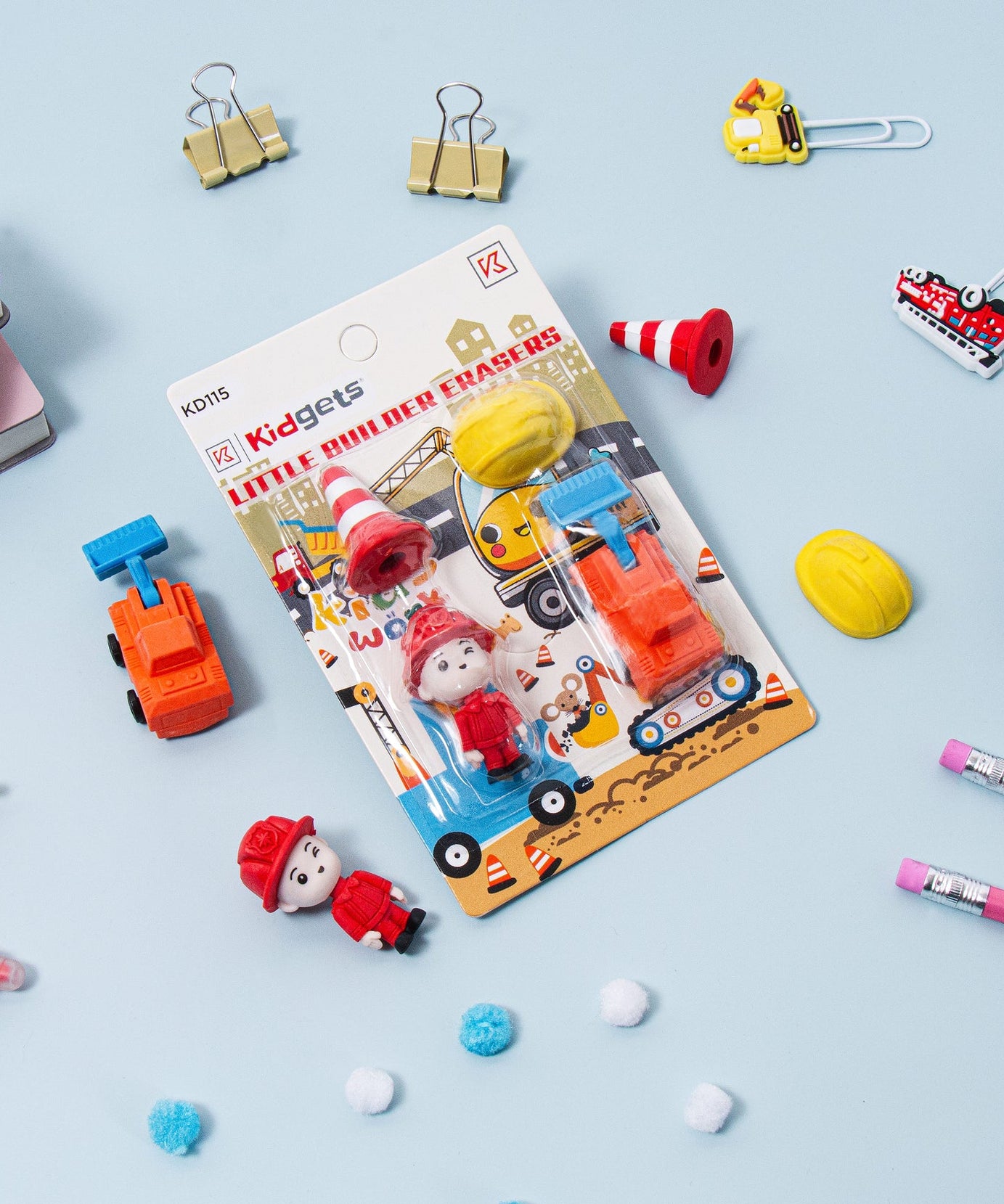 Kidgets KD115 Little Builder 3D Eraser Set for Kids | 4-Piece Construction Themed Stationery Kit | Fun Collectible Puzzle Erasers