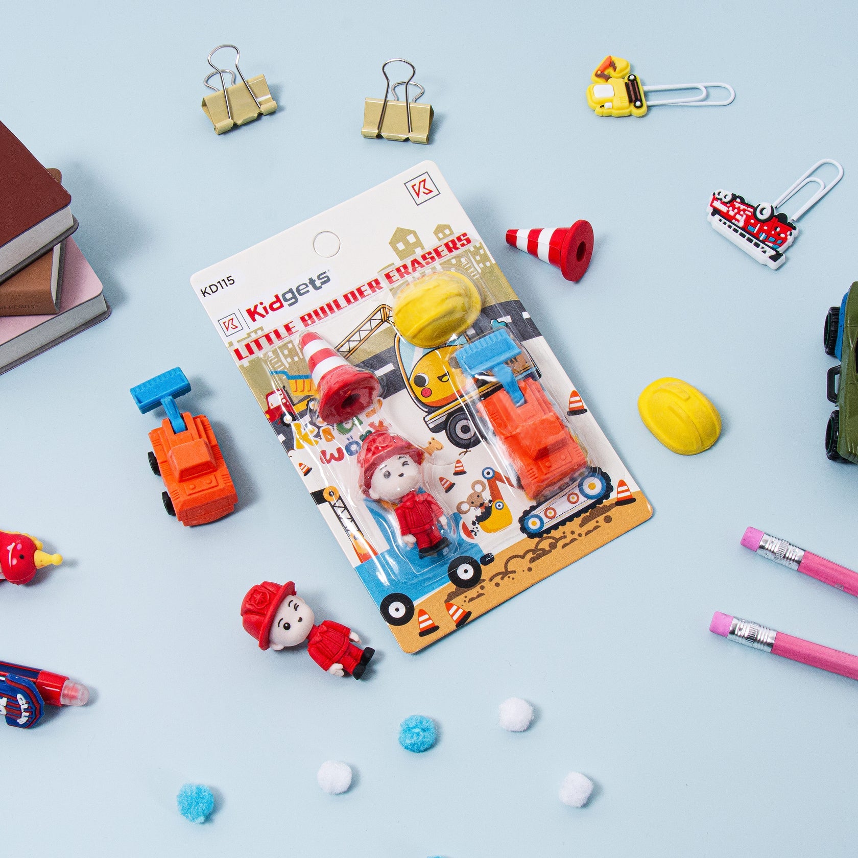 Kidgets KD115 Little Builder 3D Eraser Set for Kids | 4-Piece Construction Themed Stationery Kit | Fun Collectible Puzzle Erasers