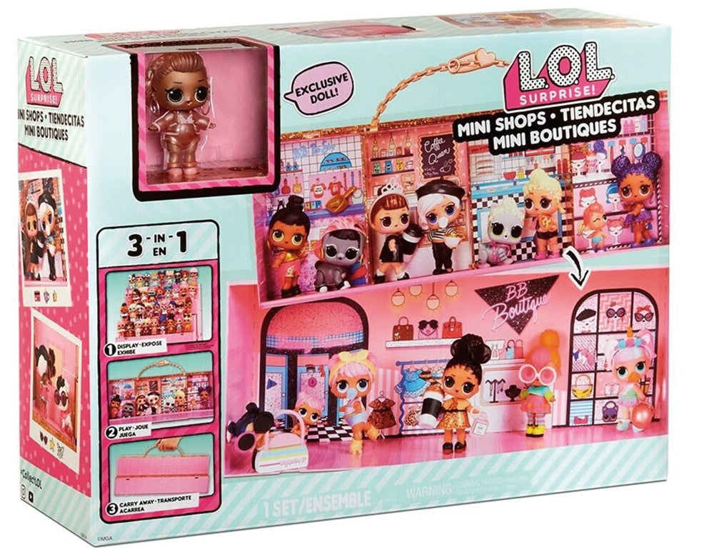 LOL Surprise Mini Shops 3-in-1 Boutique Playset with Exclusive Gold Doll | Display Case, Carry Case & Pretend Play Set for Girls 3+ | Holds 55+ Dolls & Accessories - MINIMEE KIDS