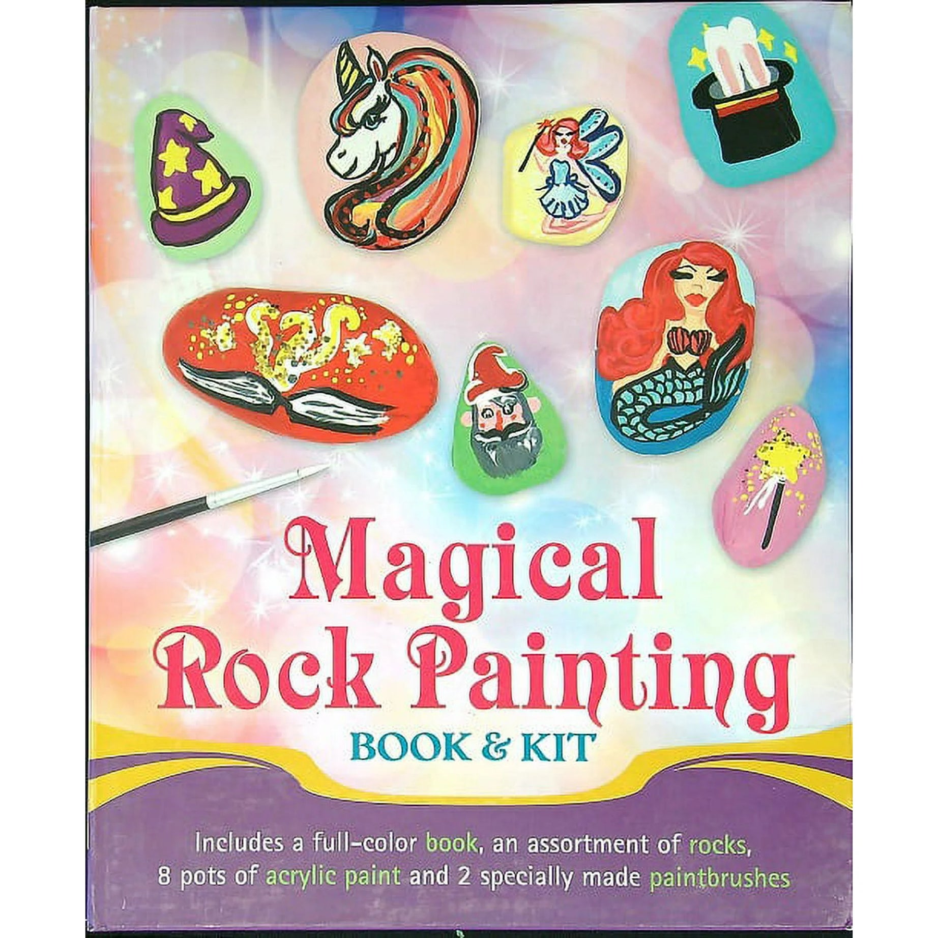 Magical Rock Painting Book & Kit - Full-Color Book, Assortment of Rocks, 8 Acrylic Paints, 2 Brushes