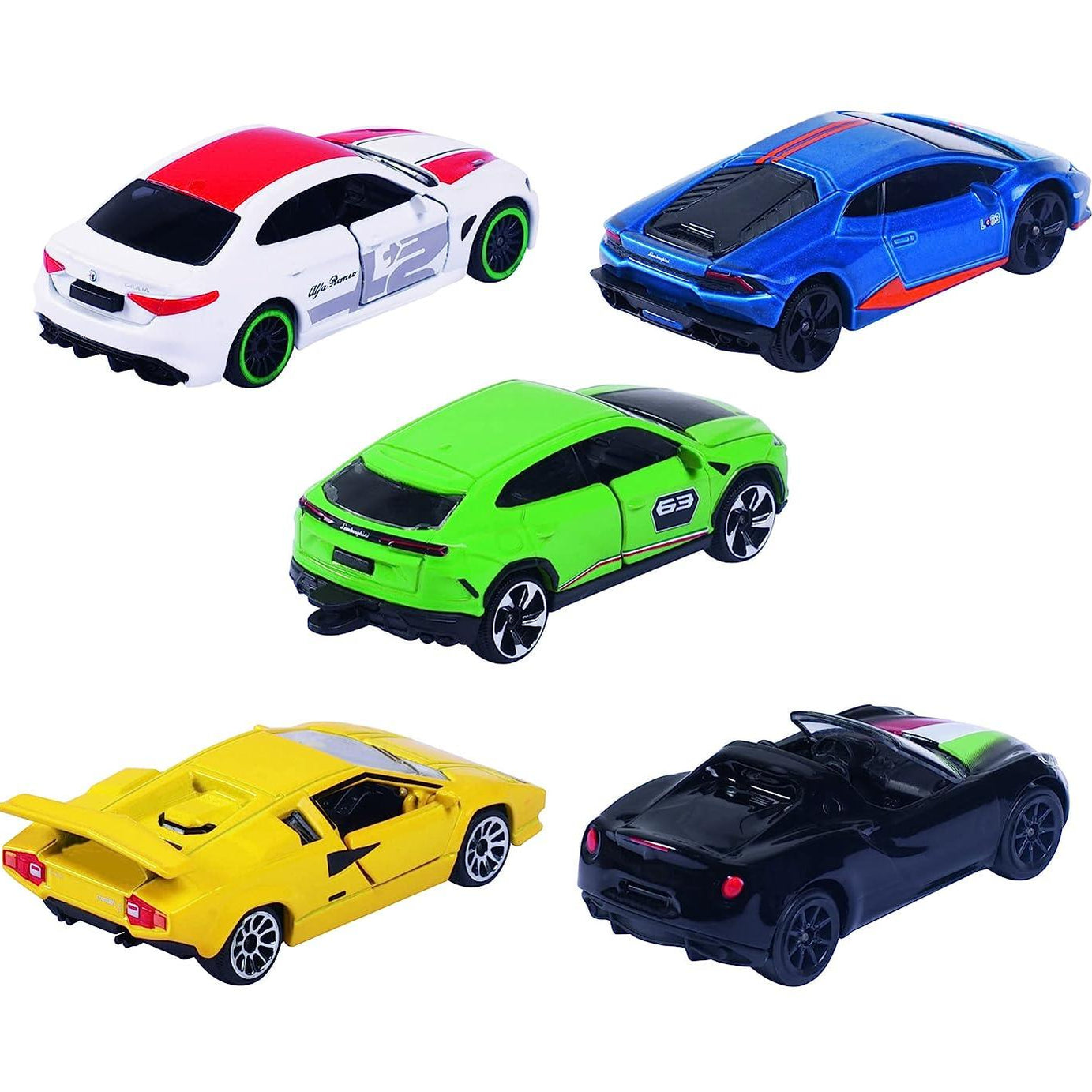 Majorette Dream Cars Italy - 5-Piece Die-Cast Car Gift Set | Includes Alfa Romeo 4C Spider, Lamborghini Countach LP 400, Lamborghini Huracán Avio, Lamborghini Urus & Alfa Romeo Giulia | Italian Toy Cars for Kids & Collectors