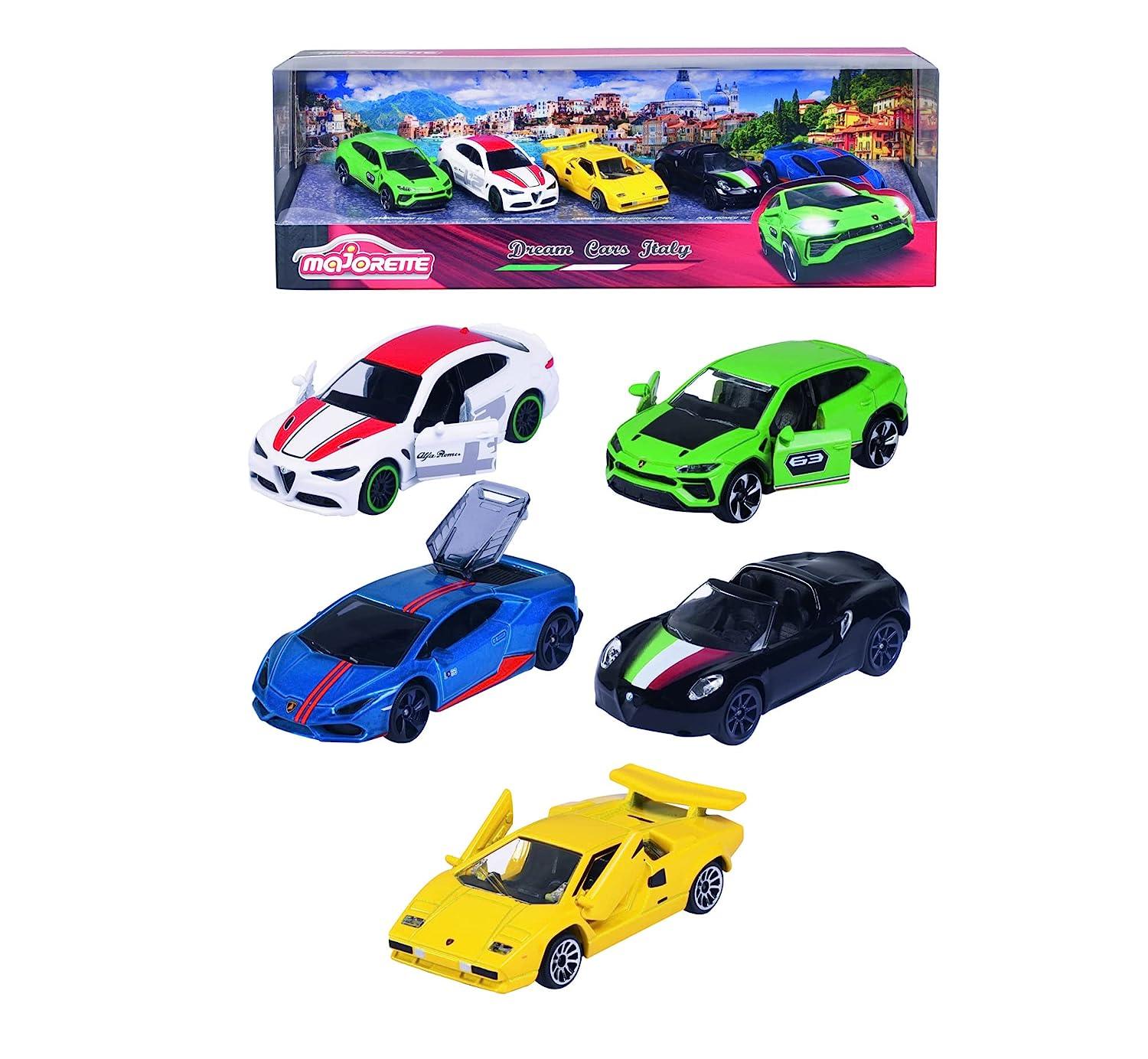 Majorette Dream Cars Italy - 5-Piece Die-Cast Car Gift Set | Includes Alfa Romeo 4C Spider, Lamborghini Countach LP 400, Lamborghini Huracán Avio, Lamborghini Urus & Alfa Romeo Giulia | Italian Toy Cars for Kids & Collectors