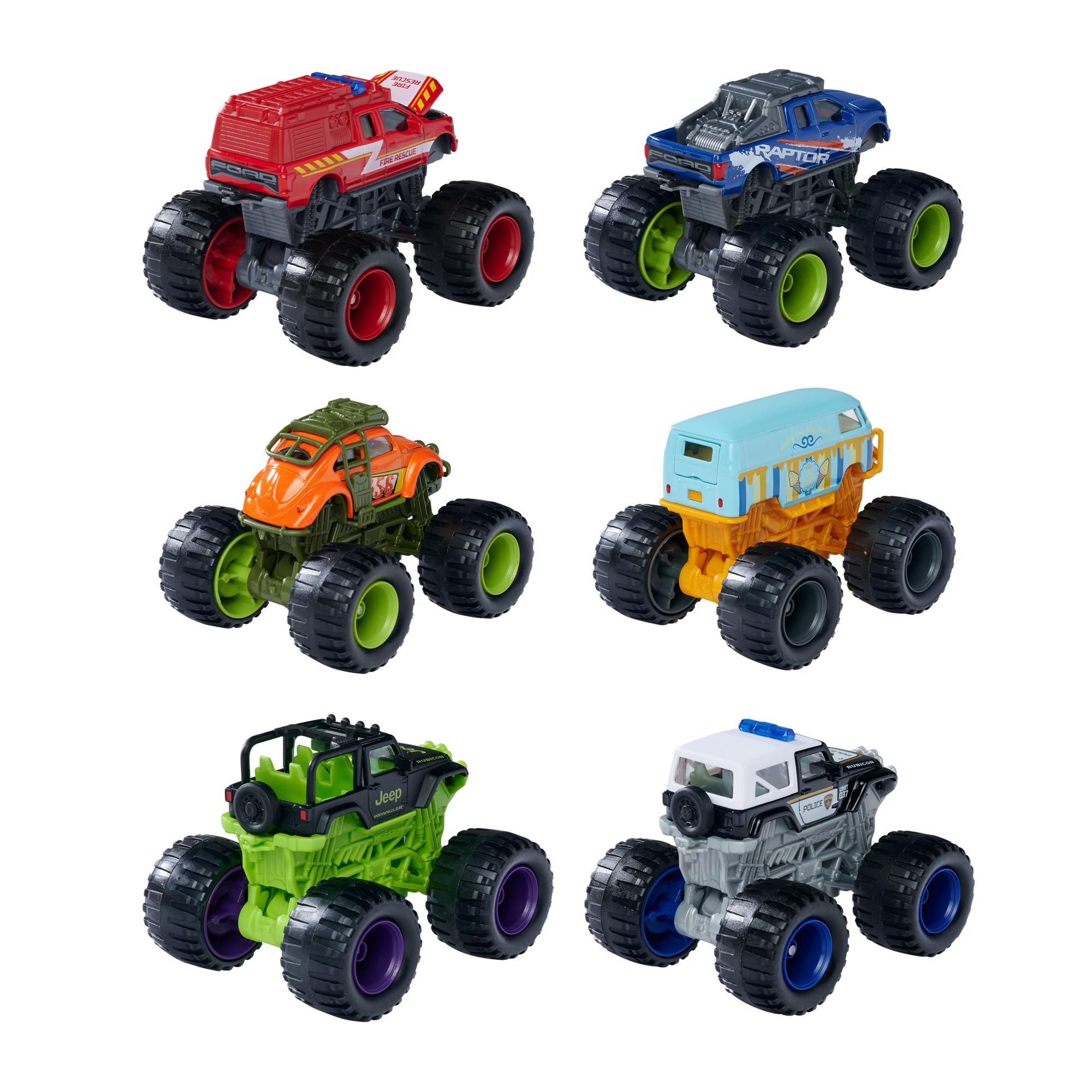 Majorette Monster Rockerz Series Die-Cast Monster Truck - 1 Randomly Selected Model | Includes VW T1, VW Beetle, Ford F-150 Raptor, Ford F-150 Raptor Fire Rescue, Jeep Wrangler Police, Jeep Wrangler Rubicon | Suspension, Steering, Rubber Tires - 3+ Years