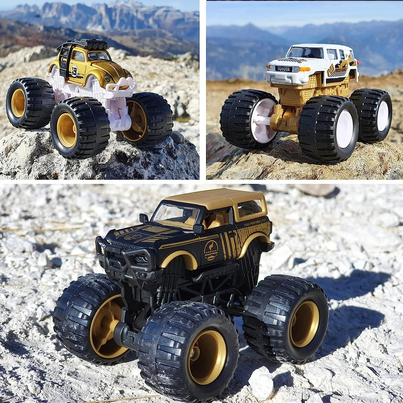 Majorette Monster Rockerz Series 9 – Ford Bronco Wildtrak, Toyota FJ Cruiser & Volkswagen Beetle Monster Trucks | Die-Cast Metal Body | 1:64 Scale Off-Road Vehicles with Suspension & Steering Function | Officially Licensed | Randomly Given Any 1 only