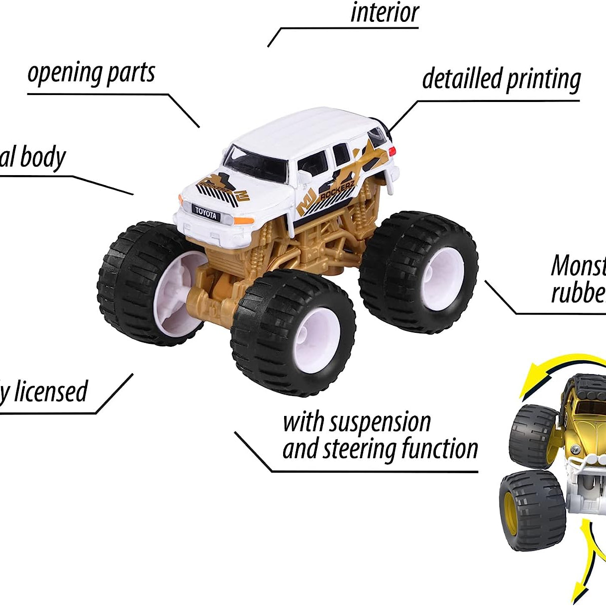 Majorette Monster Rockerz Series 9 – Ford Bronco Wildtrak, Toyota FJ Cruiser & Volkswagen Beetle Monster Trucks | Die-Cast Metal Body | 1:64 Scale Off-Road Vehicles with Suspension & Steering Function | Officially Licensed | Randomly Given Any 1 only