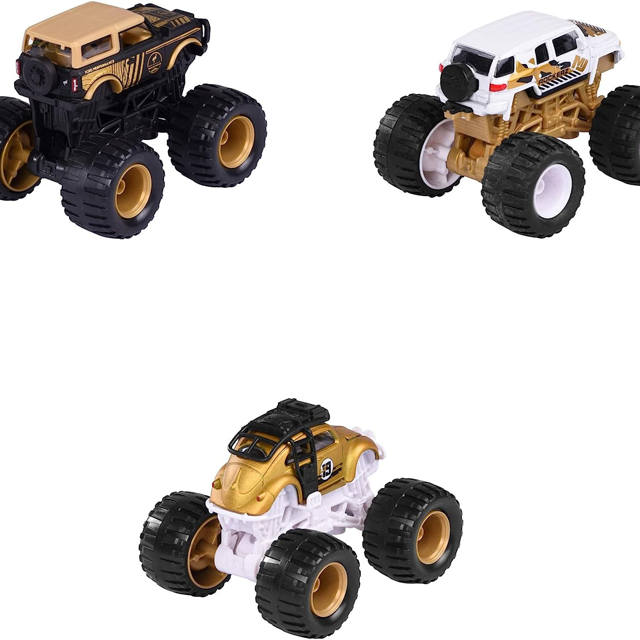Majorette Monster Rockerz Series 9 – Ford Bronco Wildtrak, Toyota FJ Cruiser & Volkswagen Beetle Monster Trucks | Die-Cast Metal Body | 1:64 Scale Off-Road Vehicles with Suspension & Steering Function | Officially Licensed | Randomly Given Any 1 only