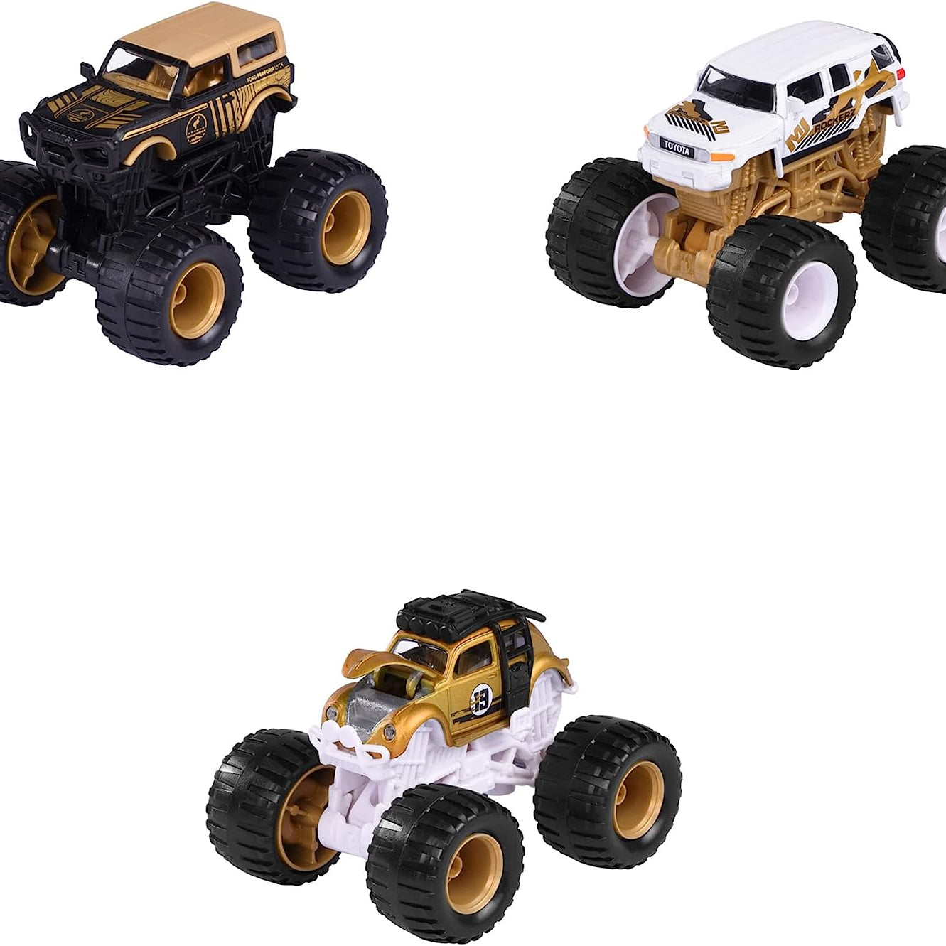 Majorette Monster Rockerz Series 9 – Ford Bronco Wildtrak, Toyota FJ Cruiser & Volkswagen Beetle Monster Trucks | Die-Cast Metal Body | 1:64 Scale Off-Road Vehicles with Suspension & Steering Function | Officially Licensed | Randomly Given Any 1 only