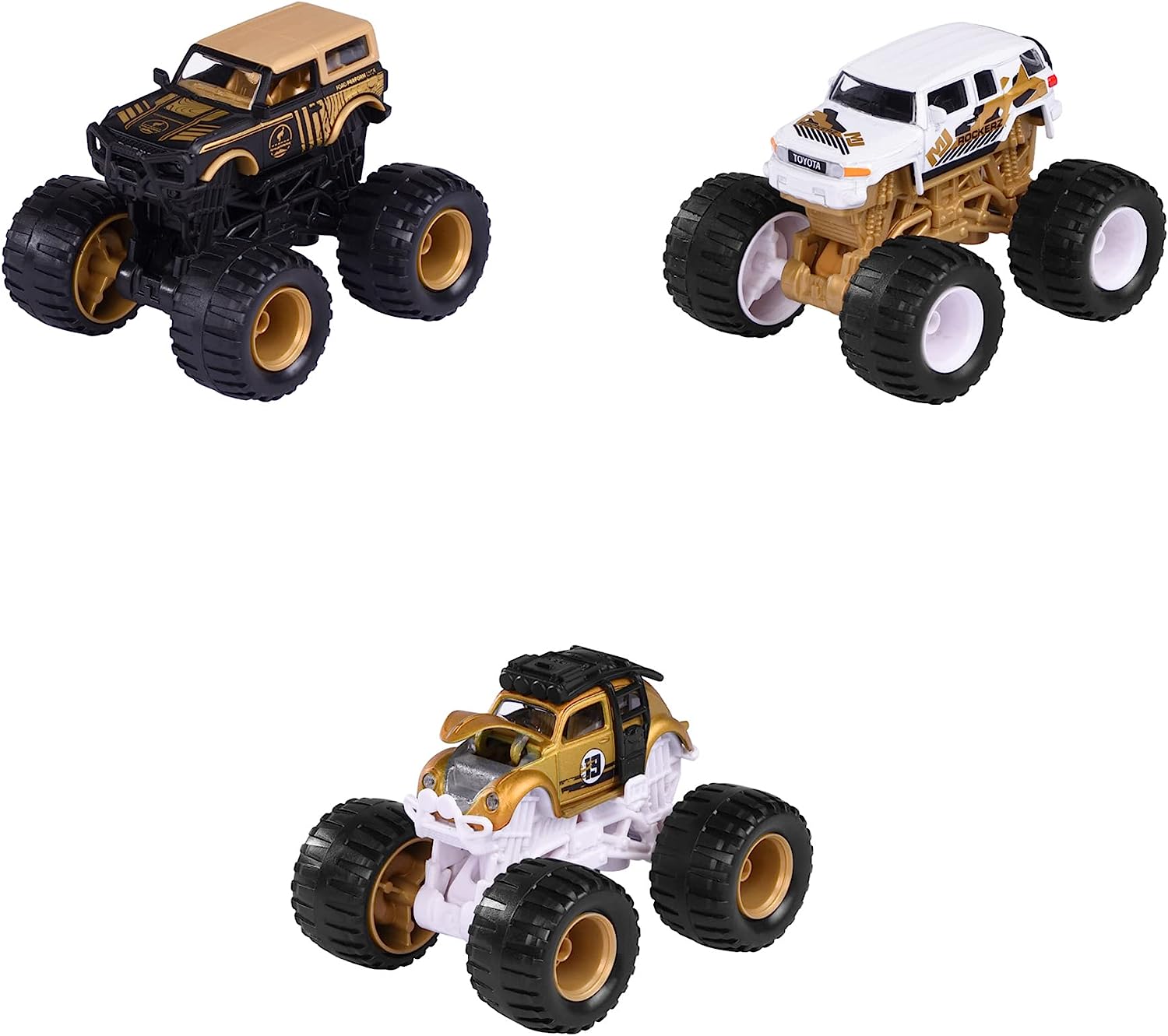 Majorette Monster Rockerz Series 9 – Ford Bronco Wildtrak, Toyota FJ Cruiser & Volkswagen Beetle Monster Trucks | Die-Cast Metal Body | 1:64 Scale Off-Road Vehicles with Suspension & Steering Function | Officially Licensed | Randomly Given Any 1 only