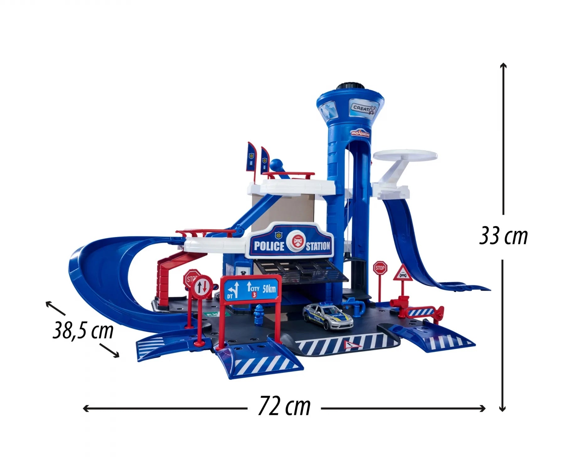 Majorette Creatix Police Station – 3-Story Police Set with Porsche Panamera Police Car, Toy Police Station for Kids Ages 5+ with Manual Lift, Helicopter Pad, Garage, and Access Ramps