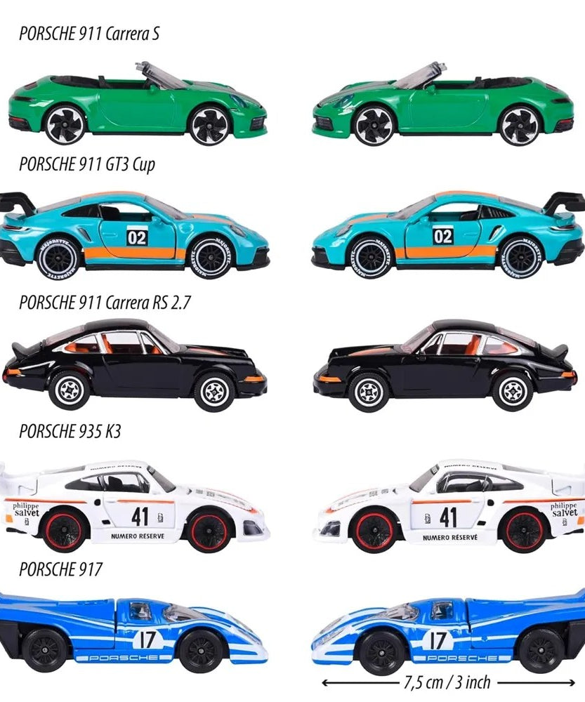 Majorette Diecast Porsche Edition Collection – Pack of 5 Luxury Porsche Model Cars – 1:64 Scale Miniature Vehicles with Opening Parts & Authentic Detailing – Officially Licensed Set for Kids & Collectors - MINIMEE KIDS