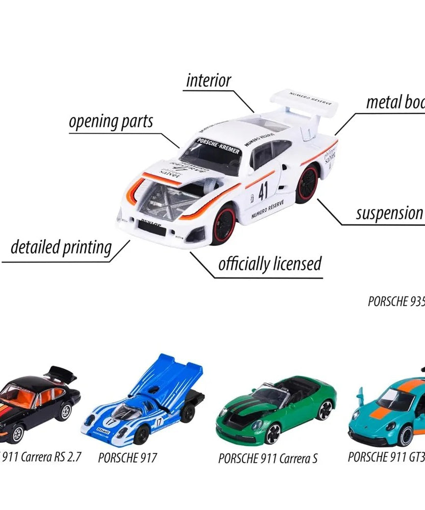 Majorette Diecast Porsche Edition Collection – Pack of 5 Luxury Porsche Model Cars – 1:64 Scale Miniature Vehicles with Opening Parts & Authentic Detailing – Officially Licensed Set for Kids & Collectors - MINIMEE KIDS