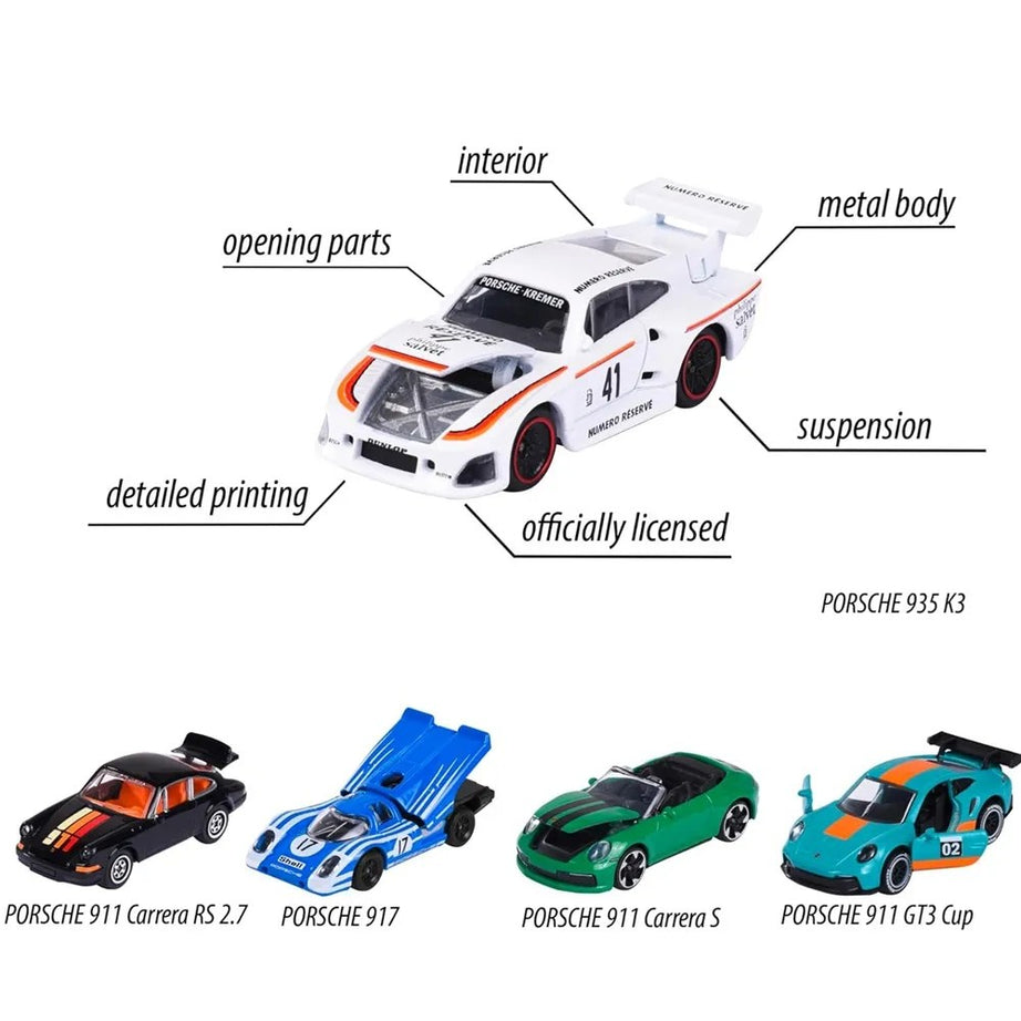 Majorette Diecast Porsche Edition Collection – Pack of 5 Luxury Porsche Model Cars – 1:64 Scale Miniature Vehicles with Opening Parts & Authentic Detailing – Officially Licensed Set for Kids & Collectors