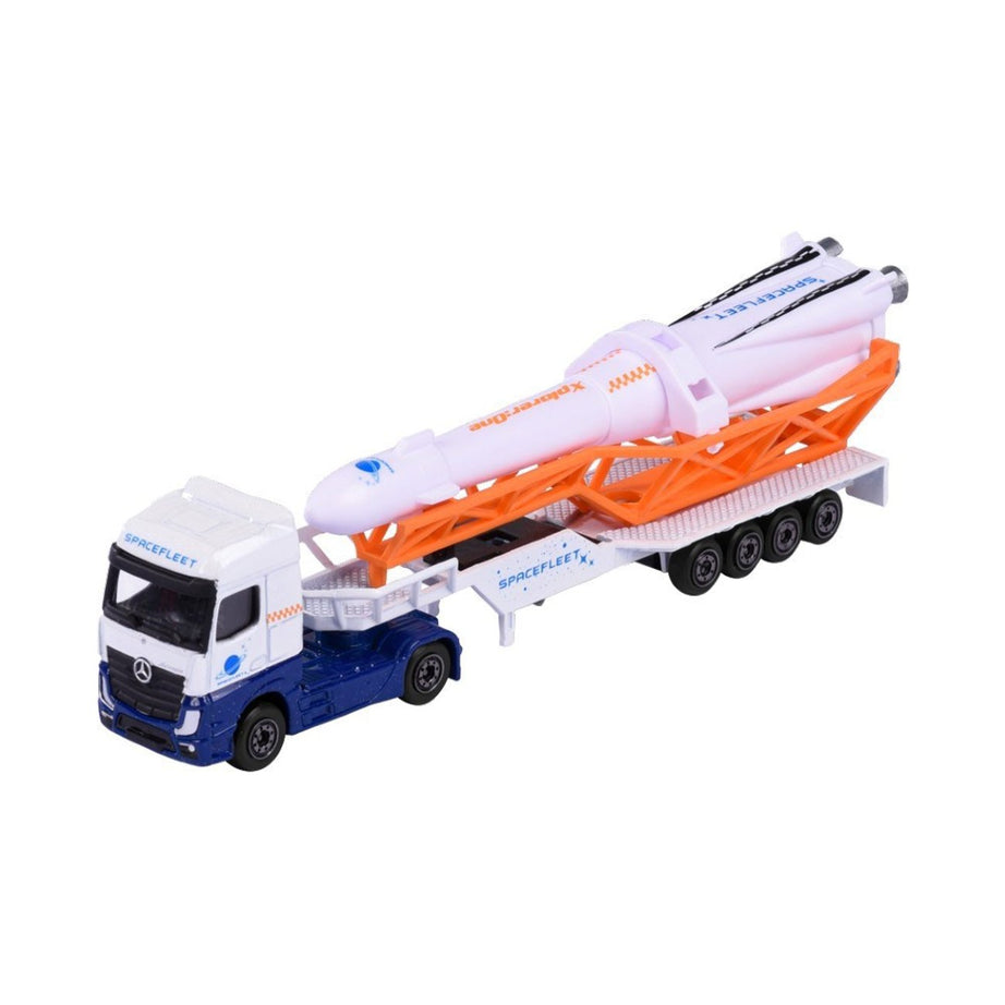 Majorette Transporter Series – Mercedes-Benz Actros & MAN TGX XXL Die-Cast Truck with Speedboat, Police Helicopter, Spacefleet, Tractor, Aeroplane & More | 3+ Years
