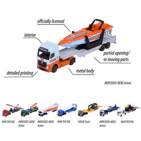Majorette Transporter Series – Mercedes-Benz Actros & MAN TGX XXL Die-Cast Truck with Speedboat, Police Helicopter, Spacefleet, Tractor, Aeroplane & More | 3+ Years
