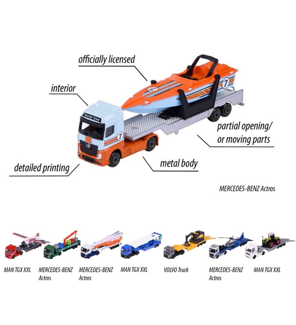 Majorette Transporter Series – Mercedes-Benz Actros & MAN TGX XXL Die-Cast Truck with Speedboat, Police Helicopter, Spacefleet, Tractor, Aeroplane & More | 3+ Years
