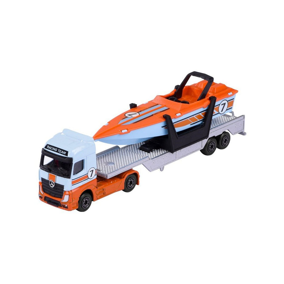 Majorette Transporter Series – Mercedes-Benz Actros & MAN TGX XXL Die-Cast Truck with Speedboat, Police Helicopter, Spacefleet, Tractor, Aeroplane & More | 3+ Years