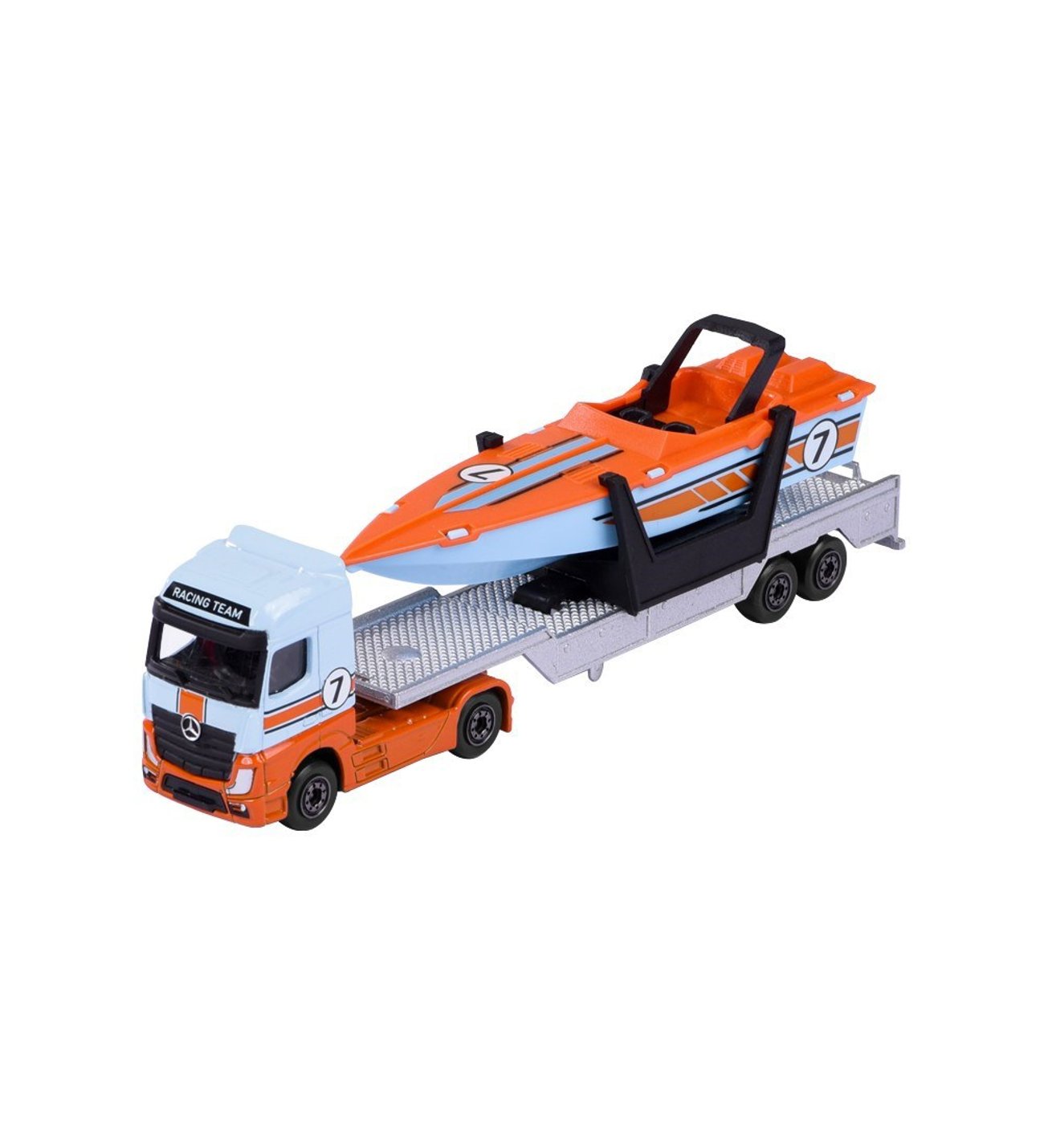 Majorette Transporter Series – Mercedes-Benz Actros & MAN TGX XXL Die-Cast Truck with Speedboat, Police Helicopter, Spacefleet, Tractor, Aeroplane & More | 3+ Years