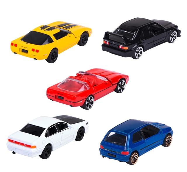 Majorette Youngsters 90’s 5-Piece Giftpack – Die-Cast Toy Cars Set | Includes Chevrolet Corvette C4 ZR-1, Mercedes-Benz 190 E, Nissan Cefiro & Renault Clio 16S – 1:64 Scale Metal Cars with Opening Parts – 3+ Years